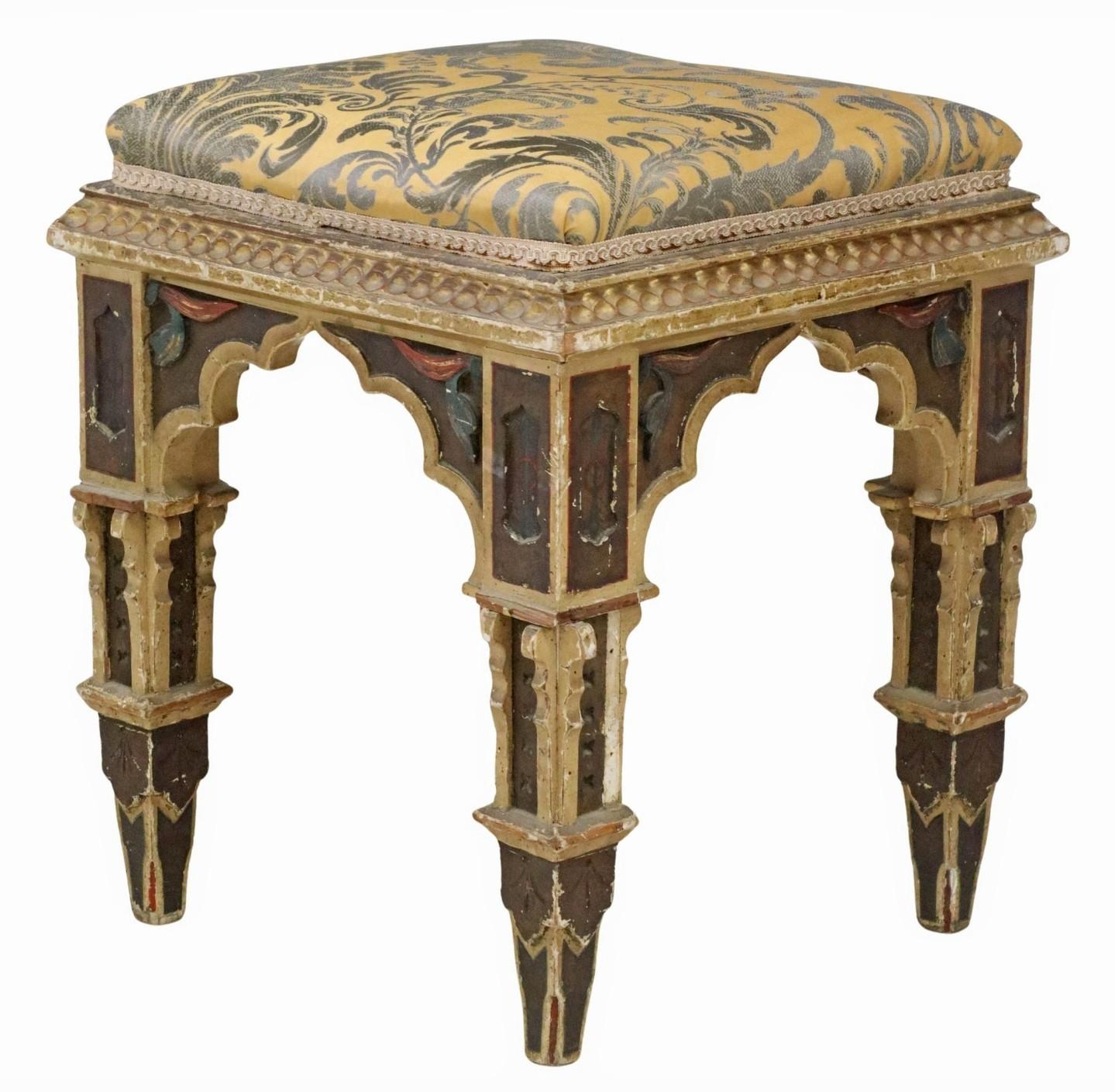 Hand-Carved Antique Gothic Revival Carved Polychrome Painted & Upholstered Stool Ottoman For Sale