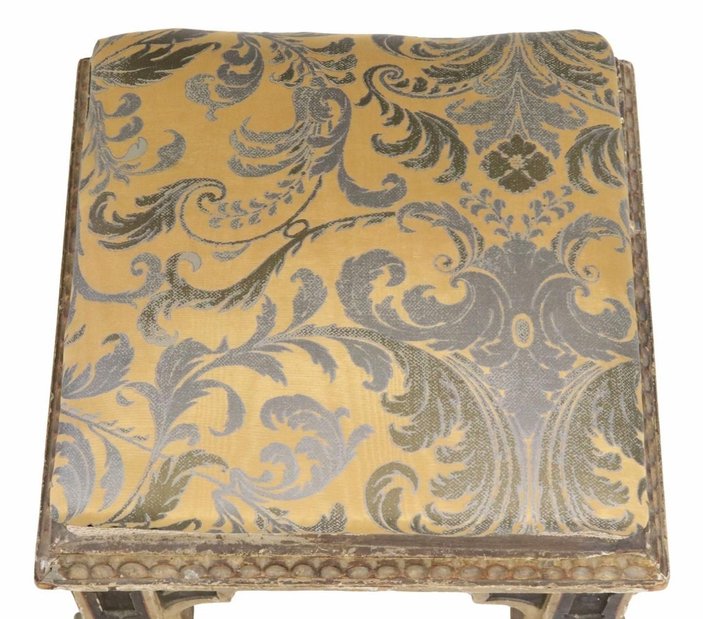 Antique Gothic Revival Carved Polychrome Painted & Upholstered Stool Ottoman In Good Condition For Sale In Forney, TX