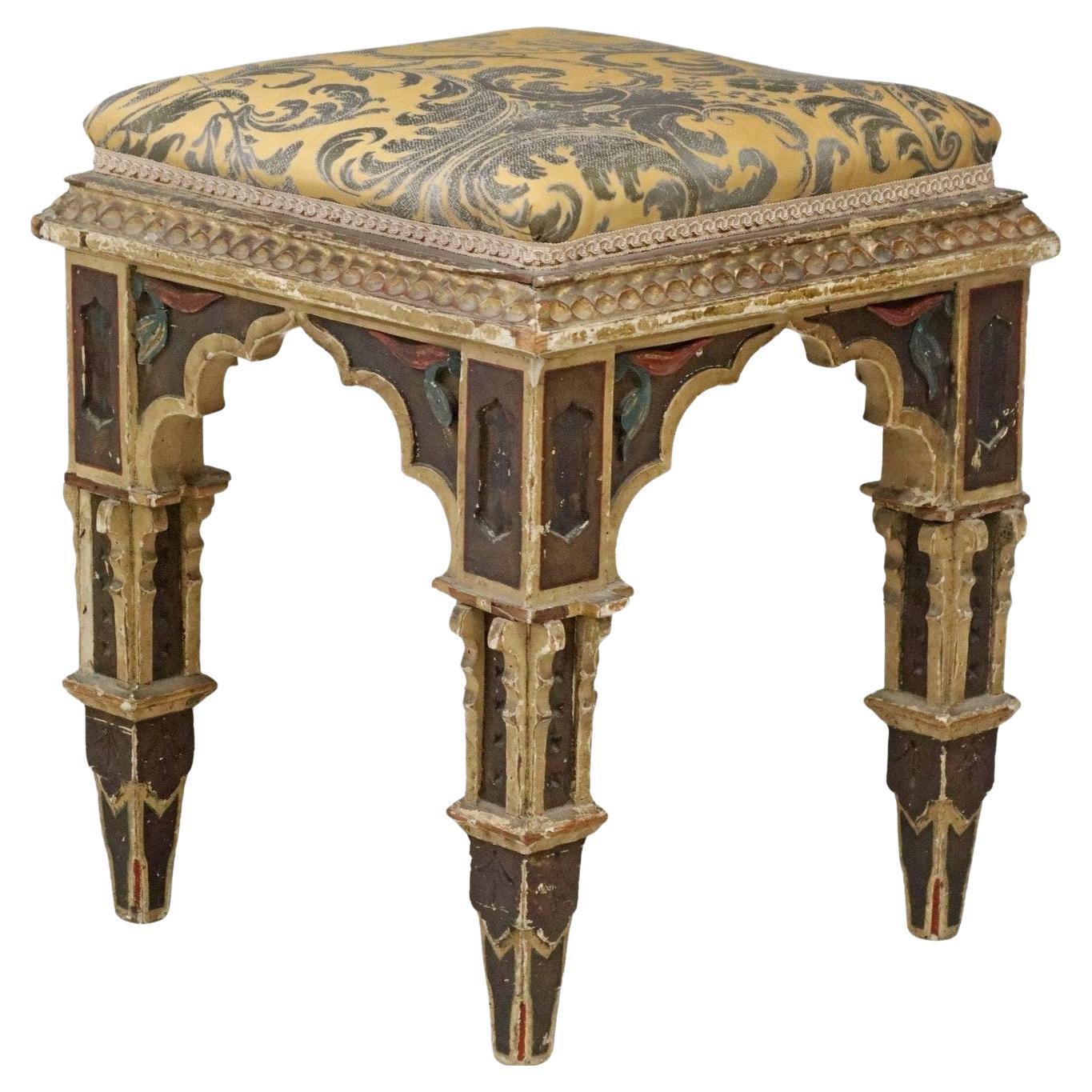 Antique Gothic Revival Carved Polychrome Painted & Upholstered Stool Ottoman For Sale