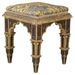 Used Gothic Revival Carved Polychrome Painted & Upholstered Stool Ottoman