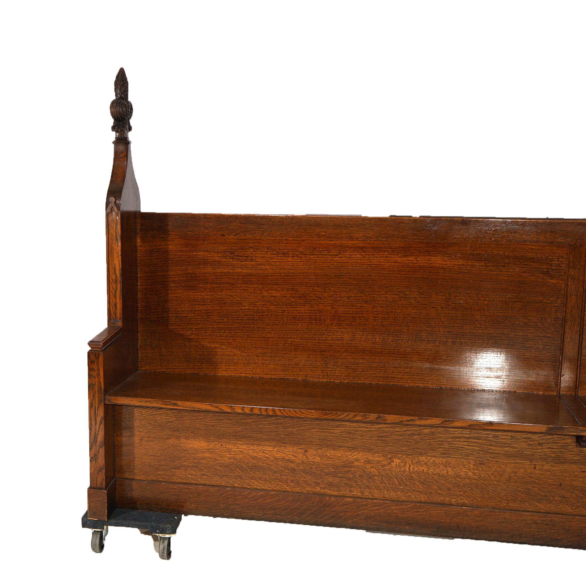 Antique Gothic Revival Carved Quarter Sawn Oak Long Bench, Pew, 14' 2