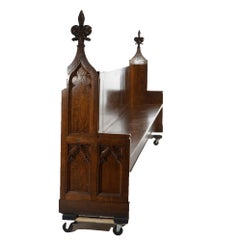 Antique Gothic Revival Carved Quarter Sawn Oak Long Bench, Pew, 14' 2", C1850