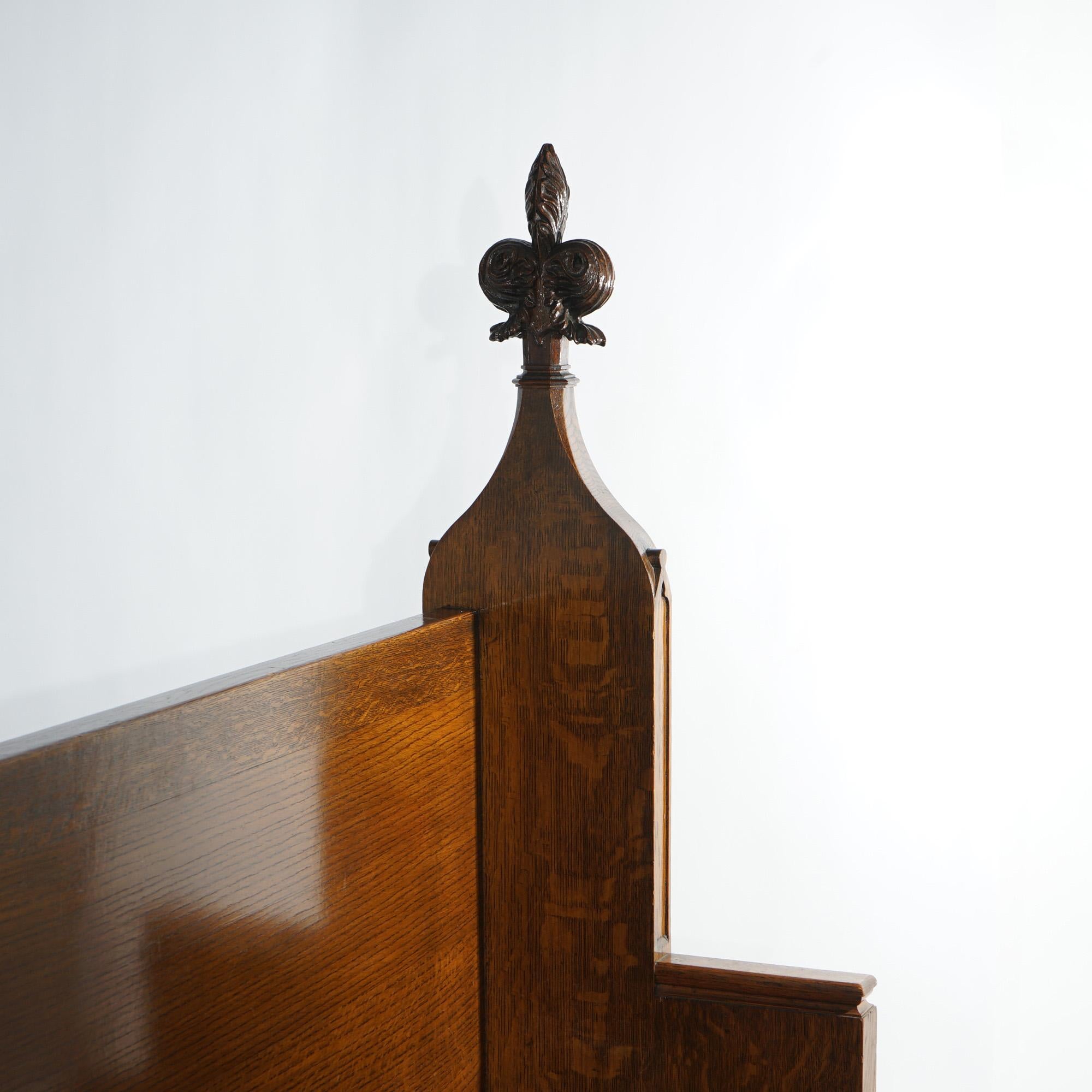 Antique Gothic Revival Carved Quarter Sawn Oak Long Bench, Pew, 14' 2