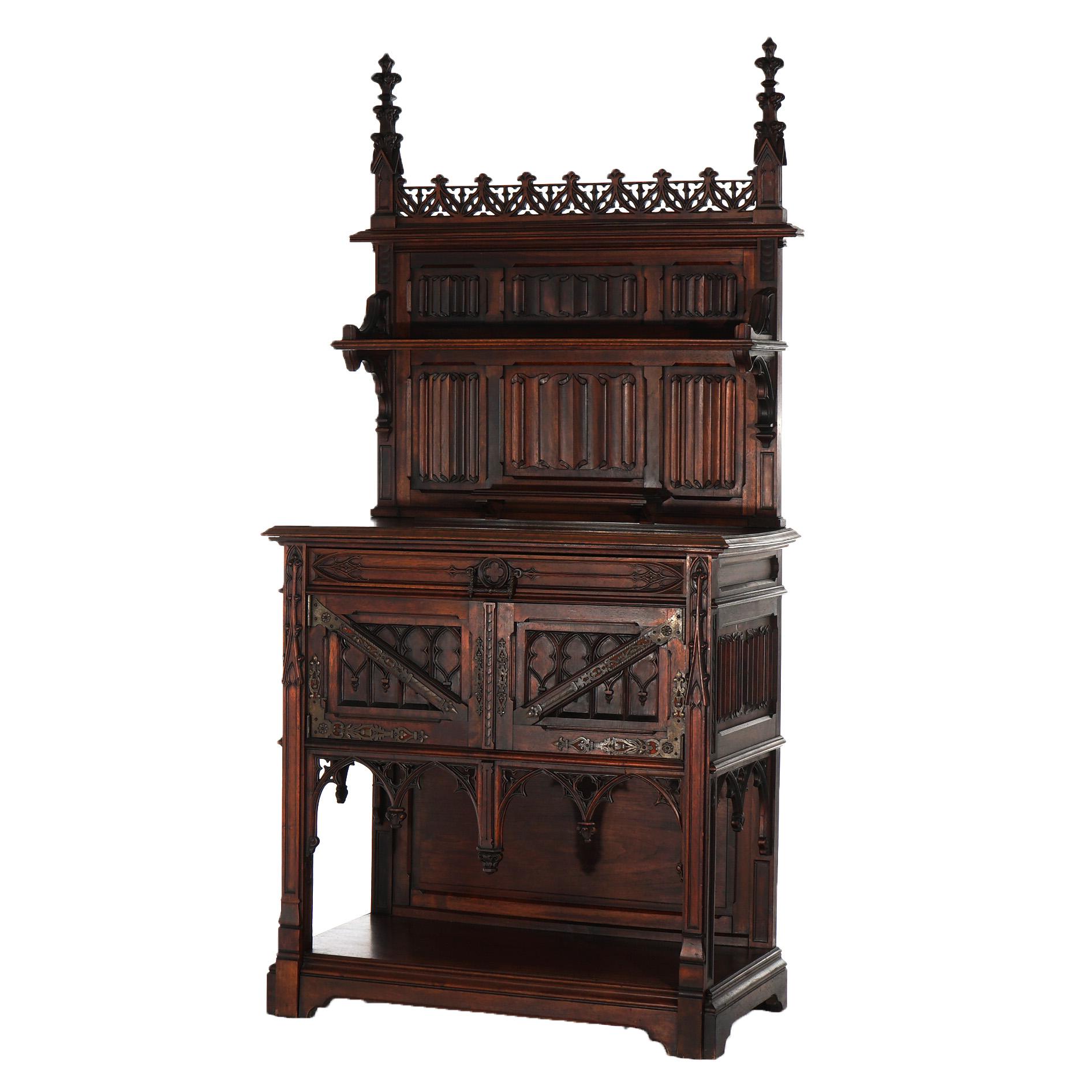 ***Ask About Reduced In-House Delivery Rates - Reliable Professional Service & Fully Insured***

Antique Gothic Revival Carved Walnut Server with Cathedral Arch and Scroll Elements, C1860

Measures - 79