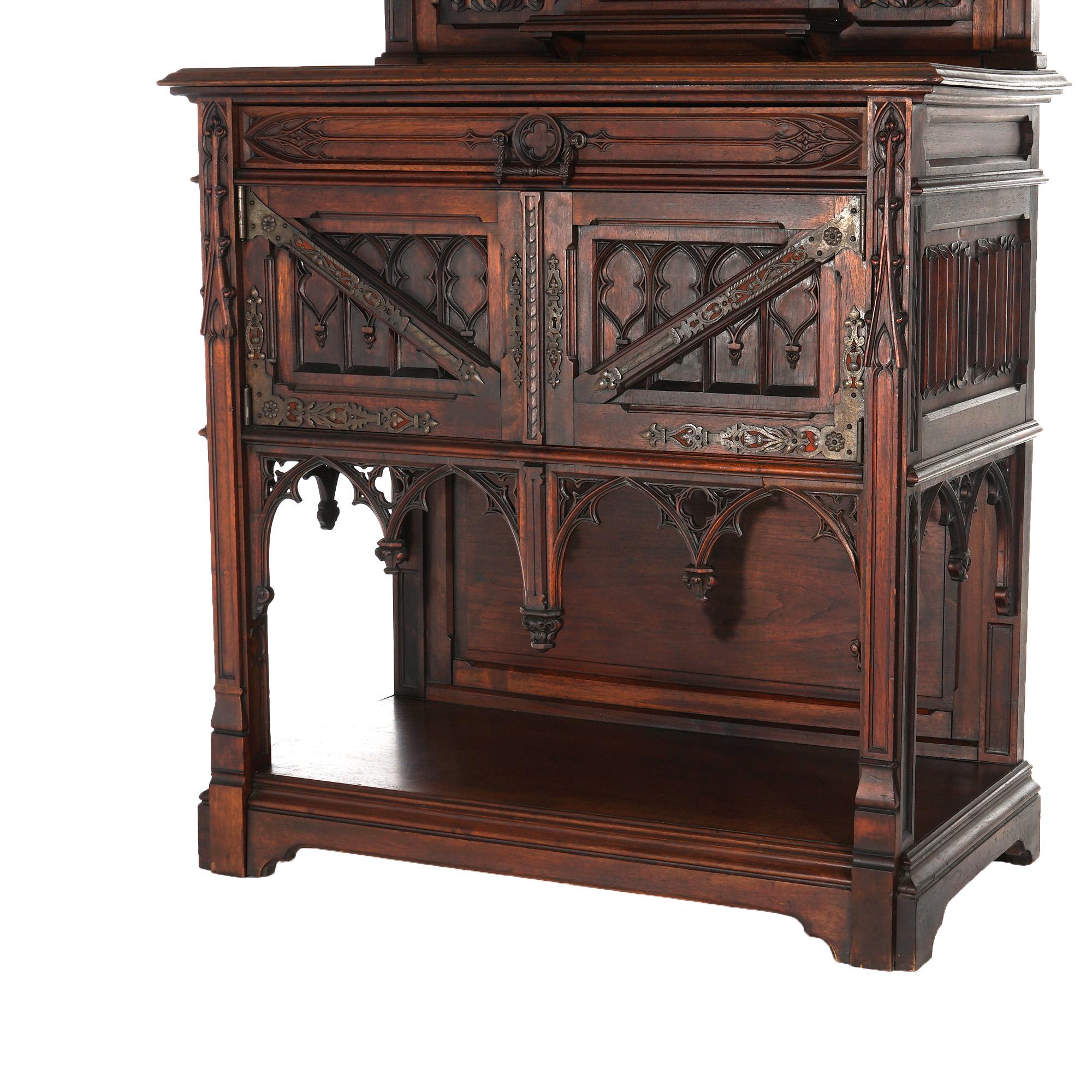 Antique Gothic Revival Carved Walnut Server C1860 In Good Condition For Sale In Big Flats, NY