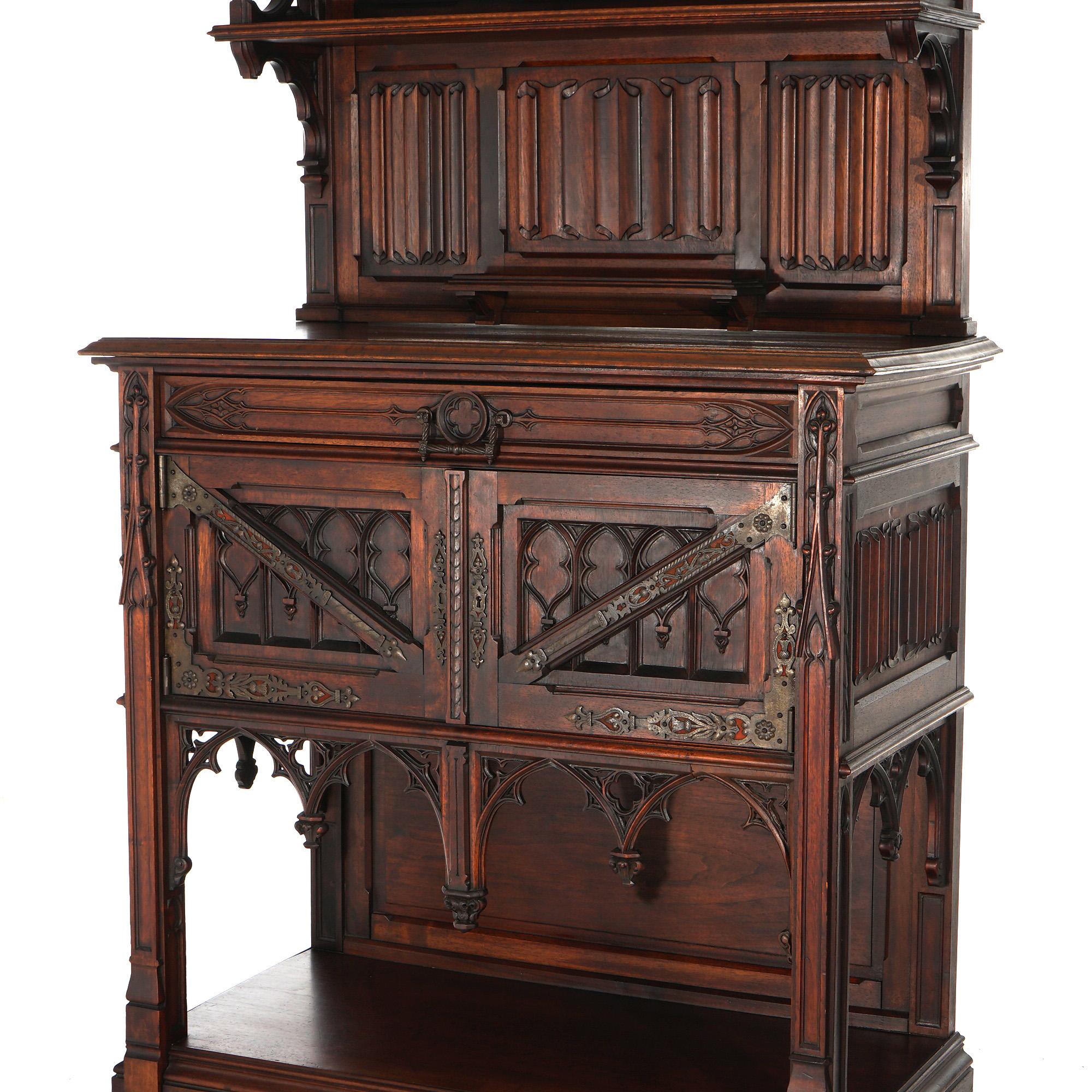 19th Century Antique Gothic Revival Carved Walnut Server C1860 For Sale