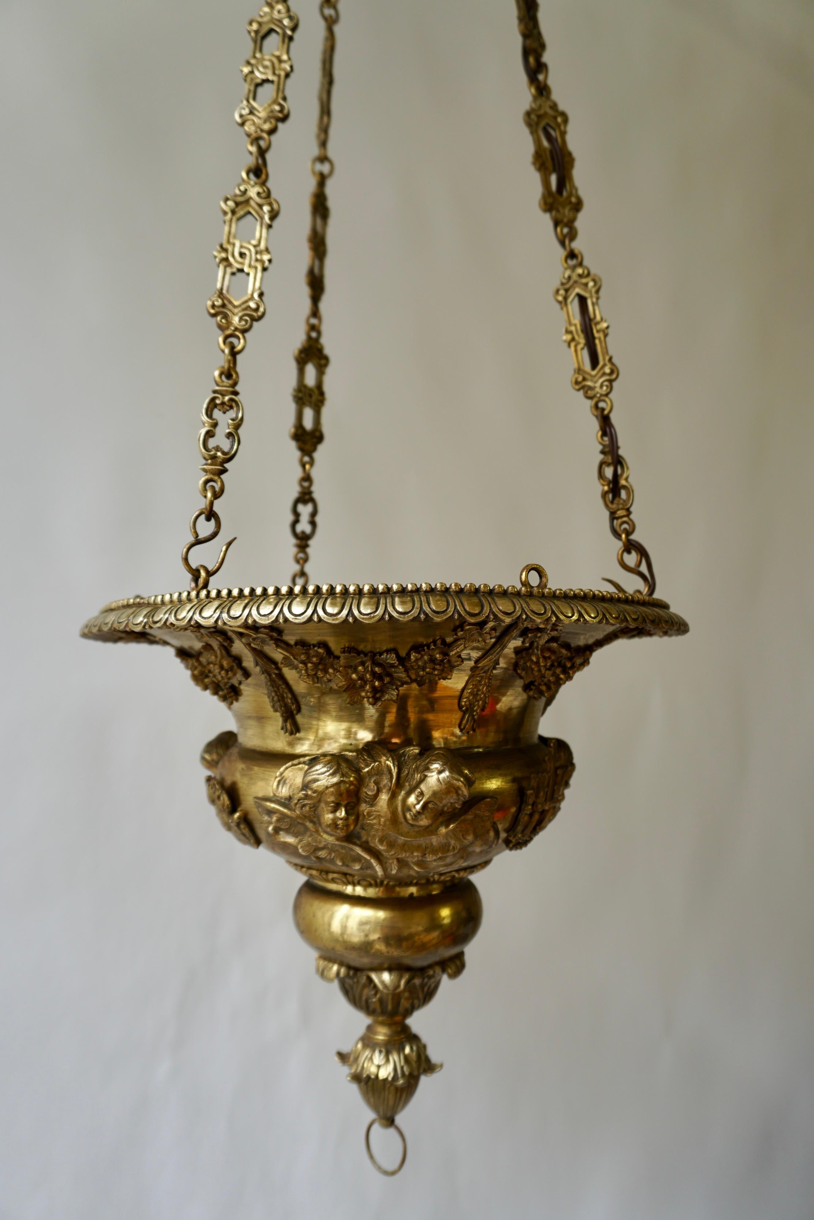 Antique Gothic Revival Chandelier and Church Sanctuary Lamp In Good Condition For Sale In Antwerp, BE