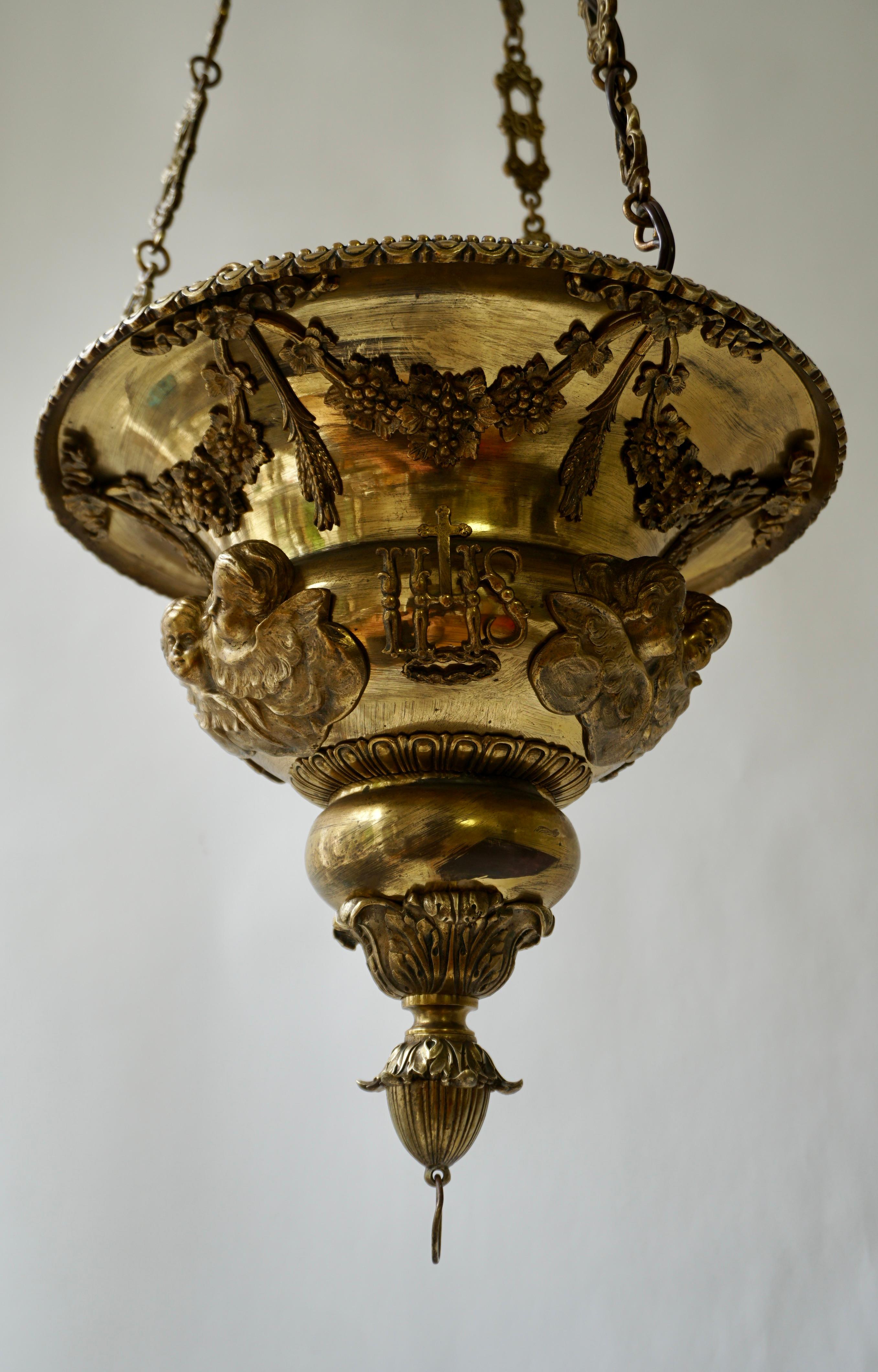 Antique Gothic Revival Chandelier and Church Sanctuary Lamp For Sale 1