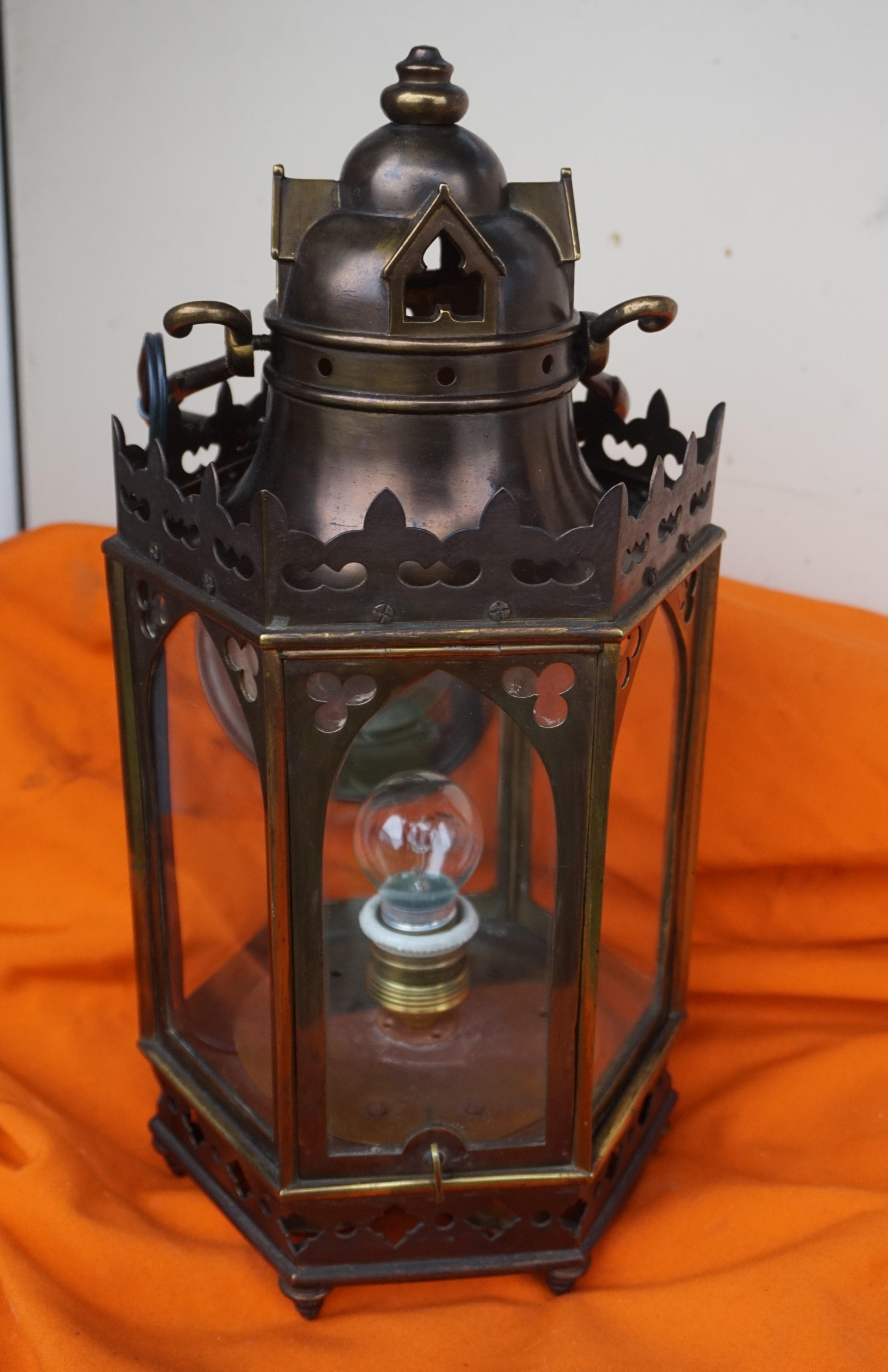 Rare and beautifully handcrafted church relic with a chapel dome top.

For the collectors of rare and interesting antiques in the Gothic style we also have this remarkable, hexagonal church lantern. We believe that it was initially made for a church