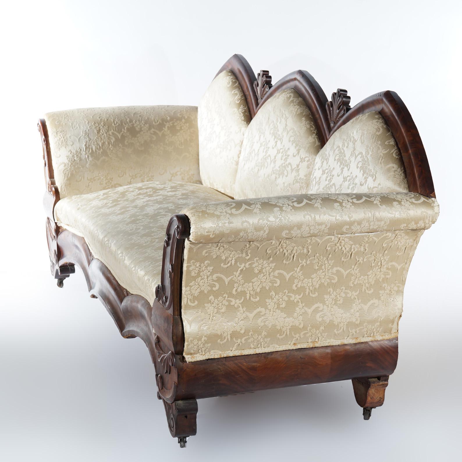 19th Century Antique Gothic Revival Classical Flame Mahogany Upholstered Sofa Circa 1850