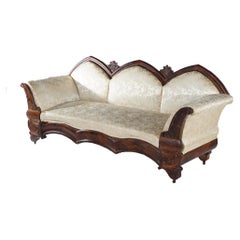 Antique Gothic Revival Classical Flame Mahogany Upholstered Sofa Circa 1850