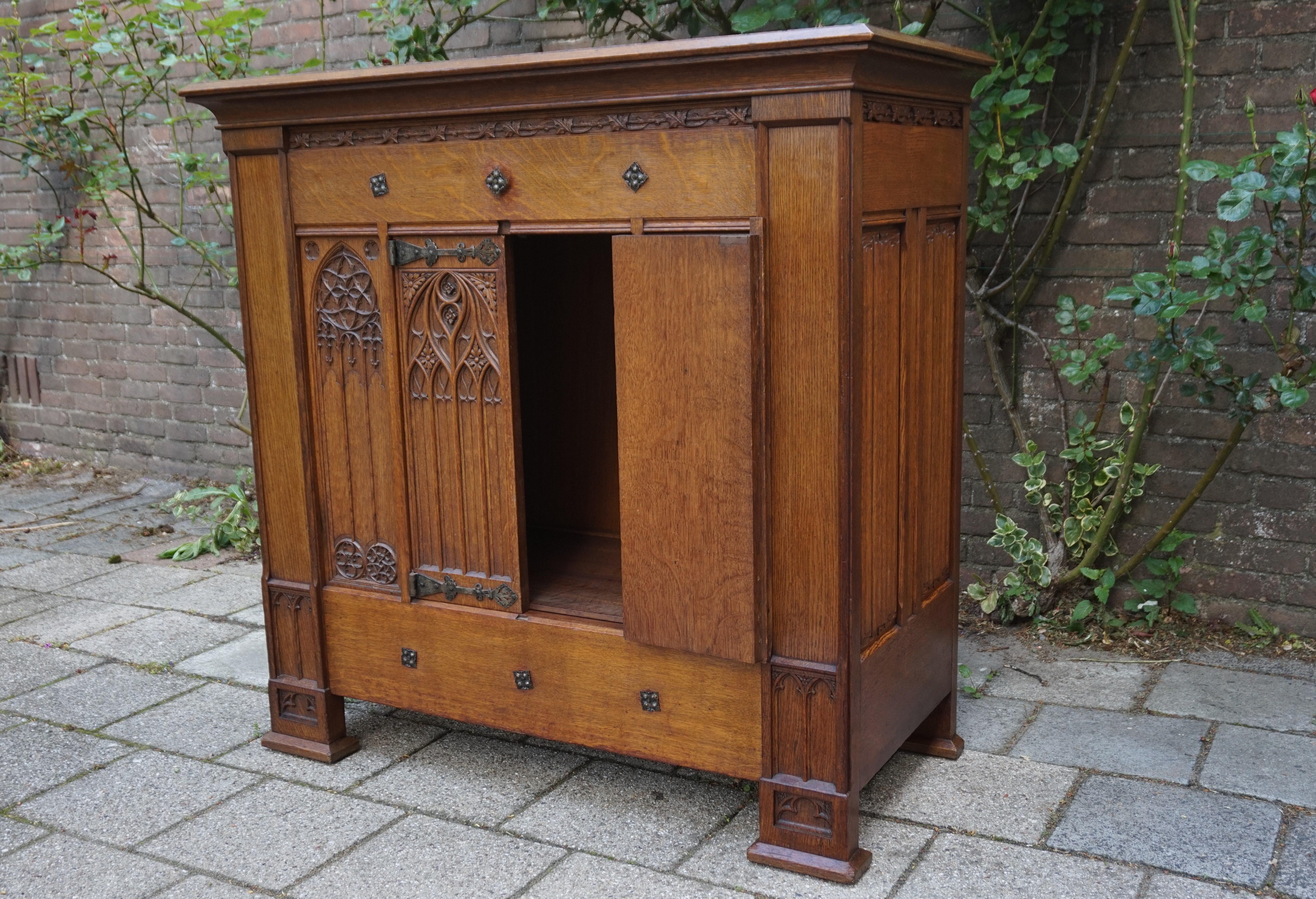 Antique Gothic Revival Credenza Sideboard Cabinet W. Hand Carved Church Windows 3