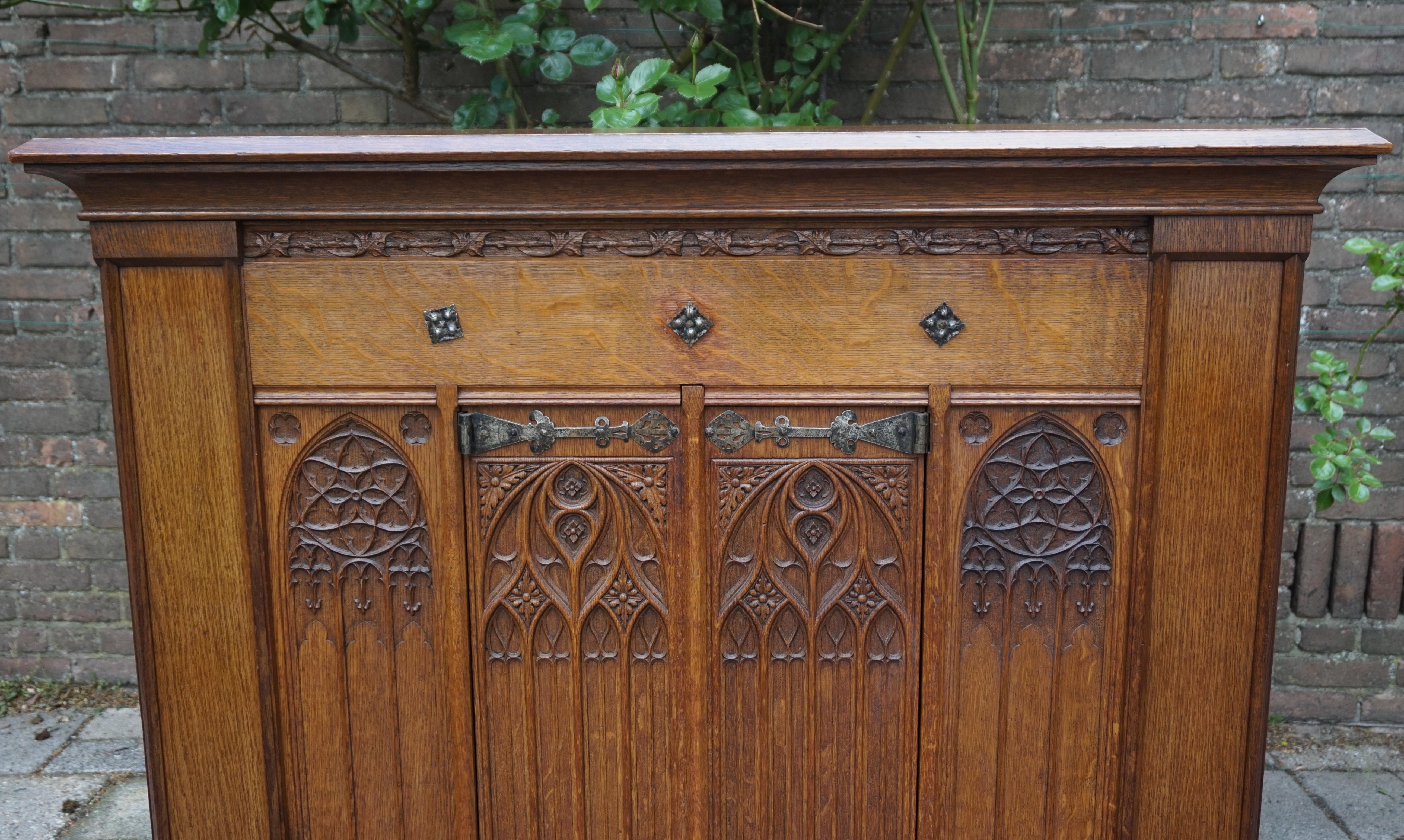 Antique Gothic Revival Credenza Sideboard Cabinet W. Hand Carved Church Windows 8