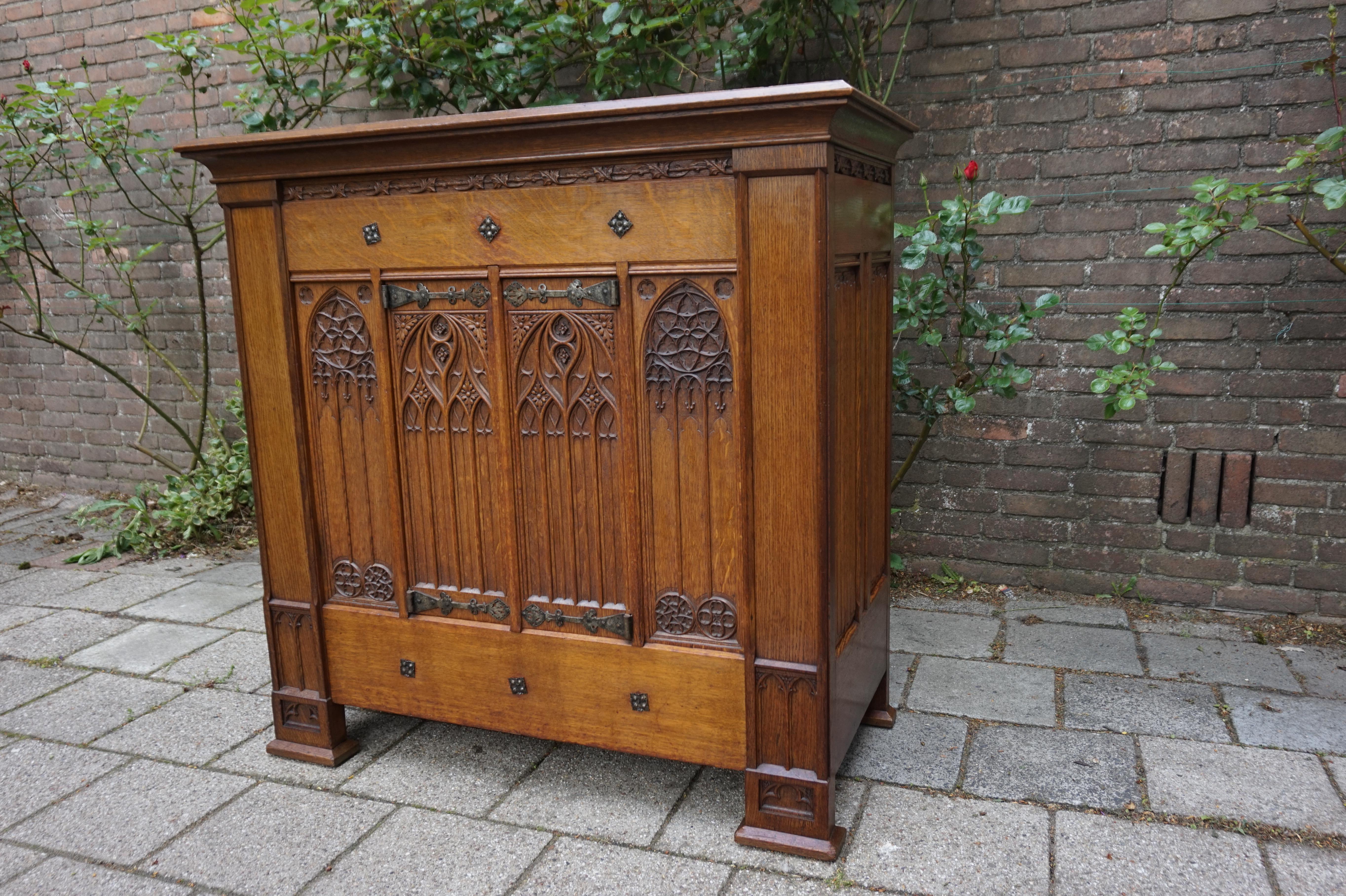 Antique Gothic Revival Credenza Sideboard Cabinet W. Hand Carved Church Windows 10