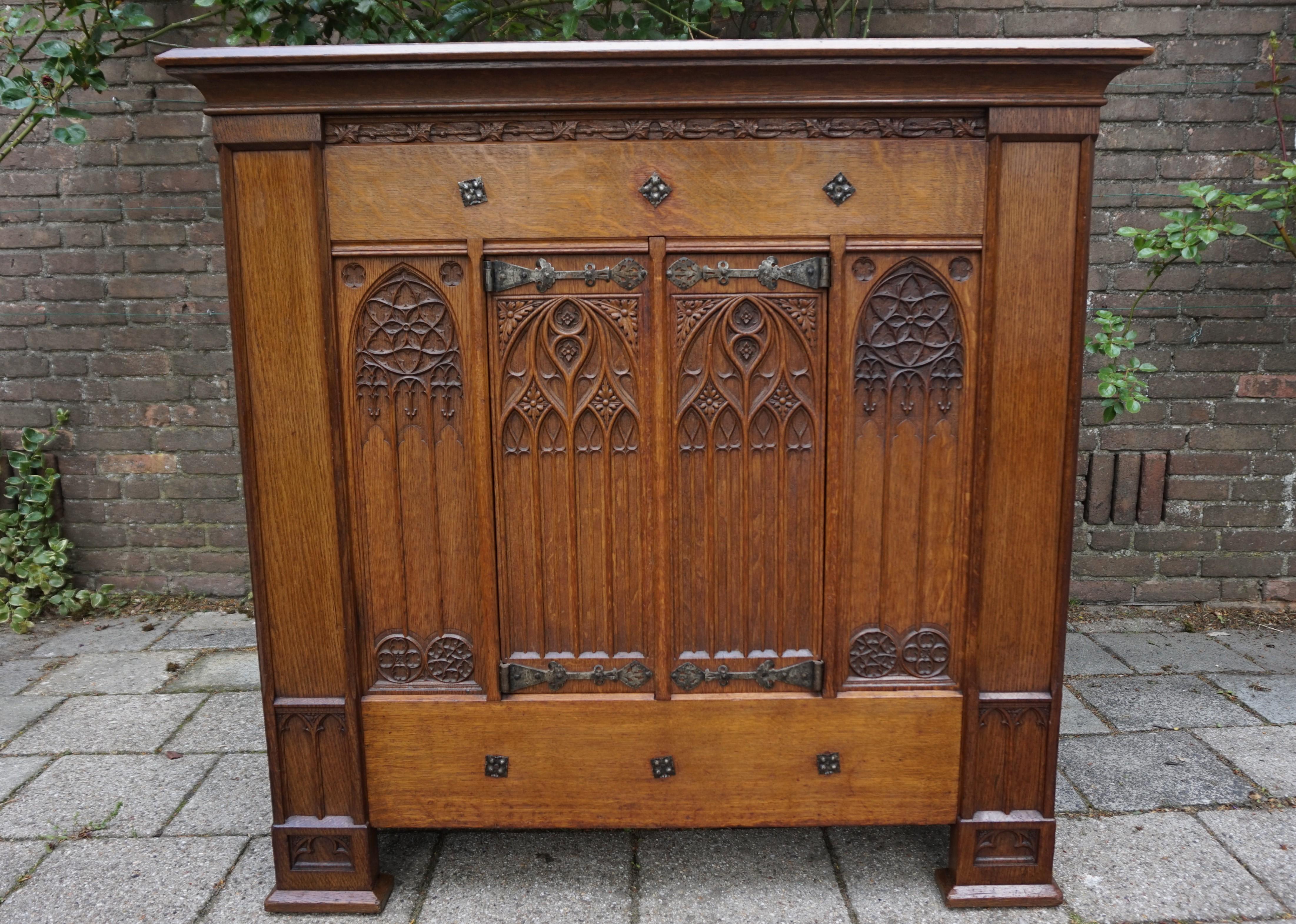 19th Century Antique Gothic Revival Credenza Sideboard Cabinet W. Hand Carved Church Windows