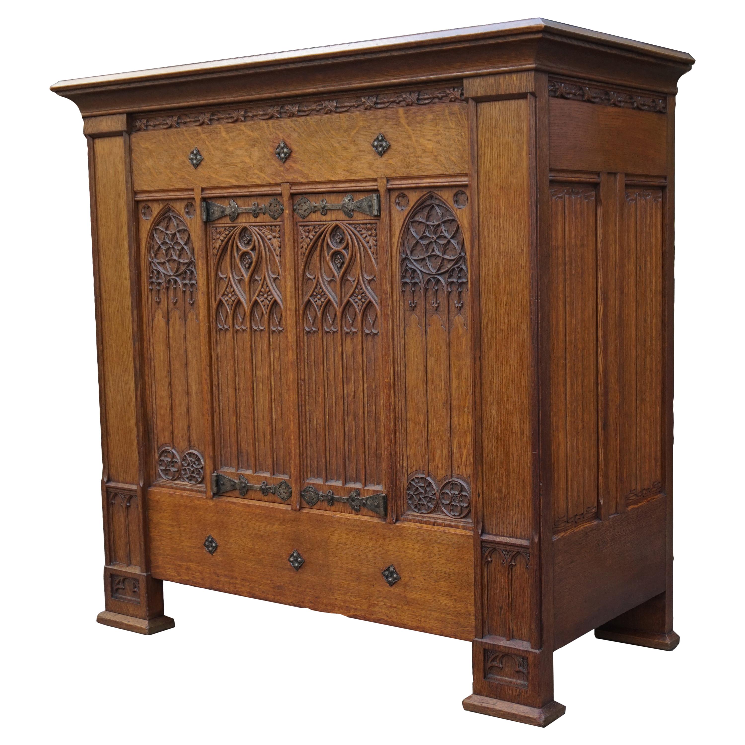 Antique Gothic Revival Credenza Sideboard Cabinet W. Hand Carved Church Windows