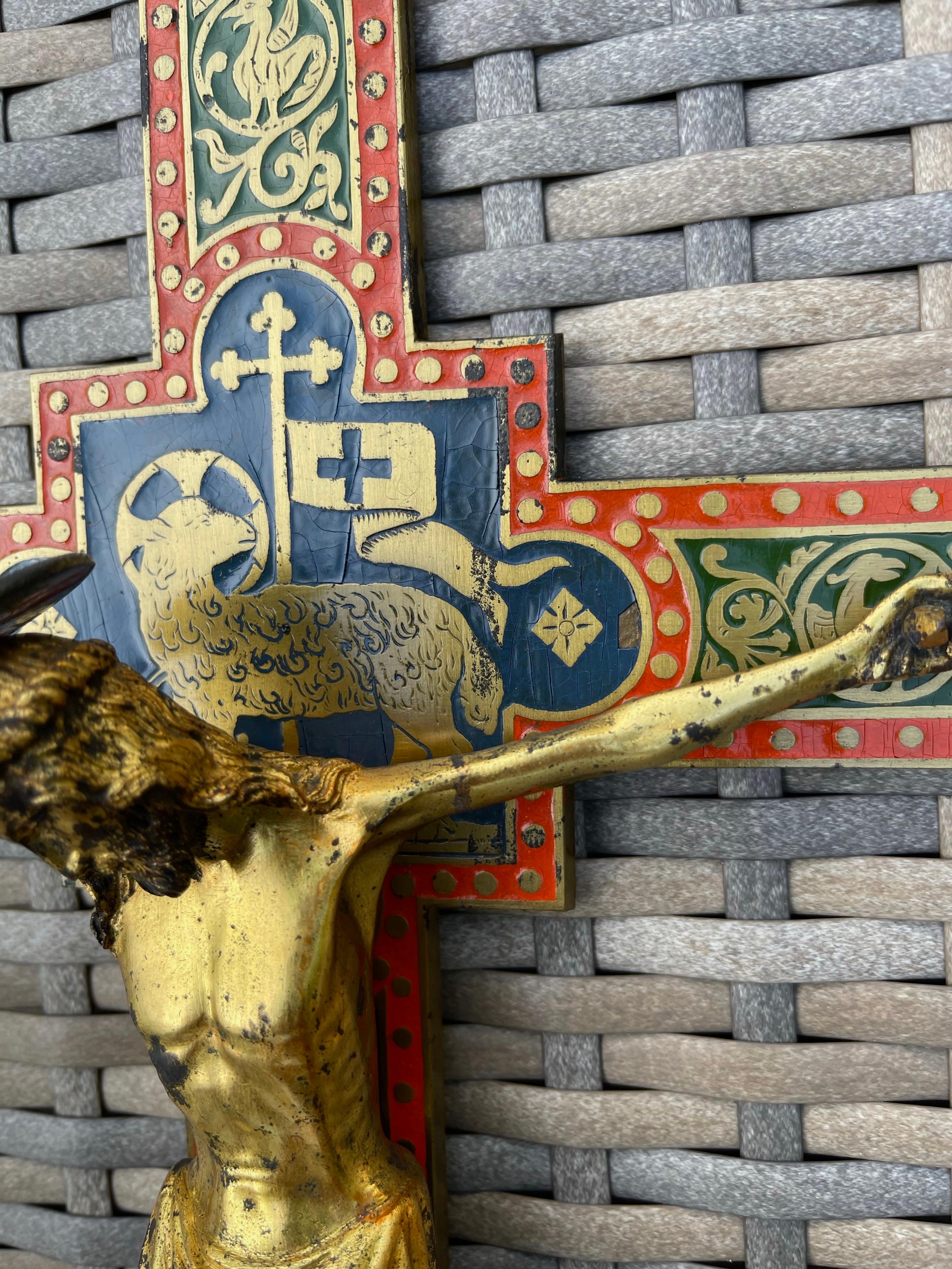 Antique Gothic Revival Crucifix w. Bronze Corpus and Enamelled Sculptured Cross 10