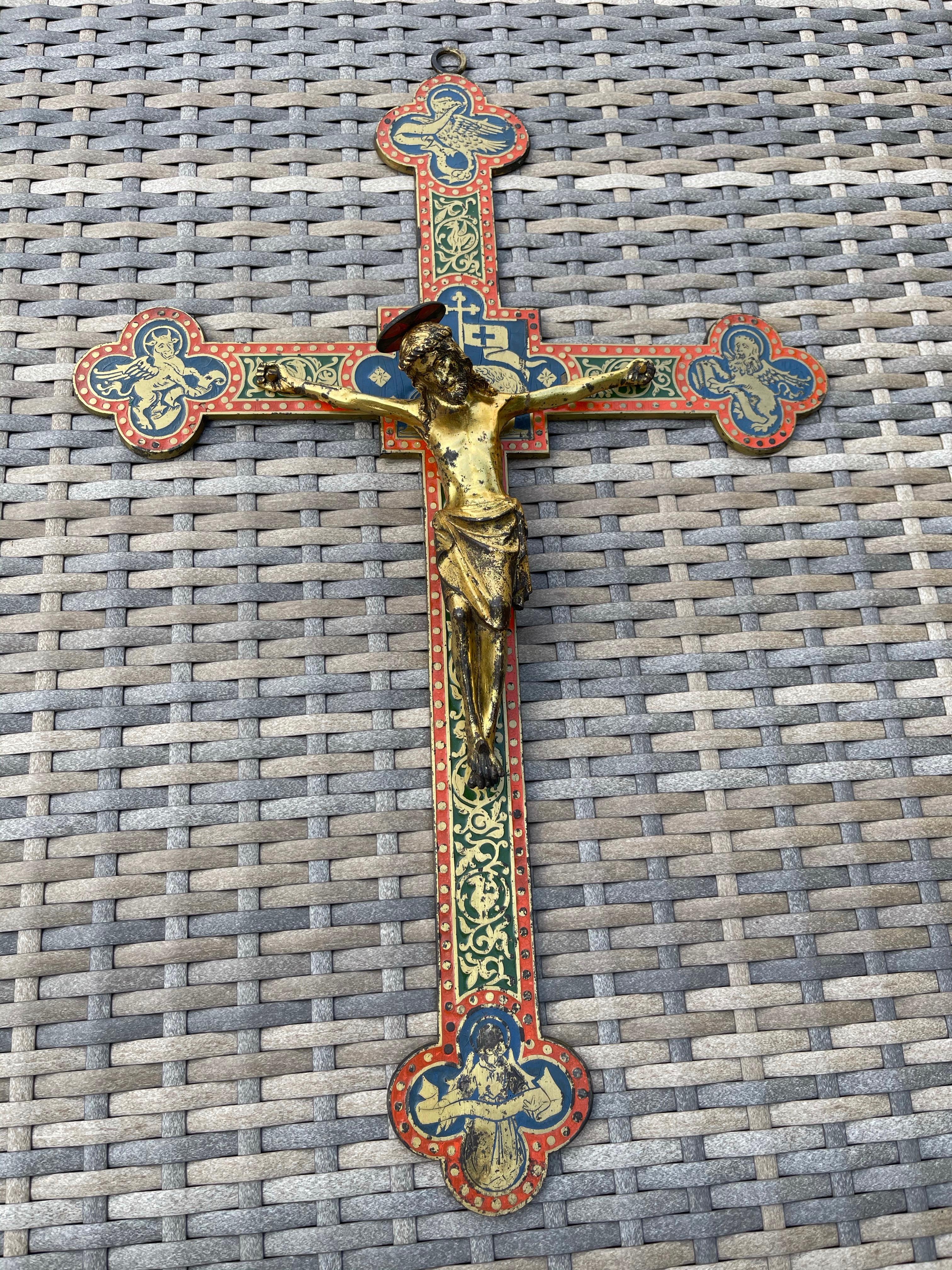 Antique Gothic Revival Crucifix w. Bronze Corpus and Enamelled Sculptured Cross 11