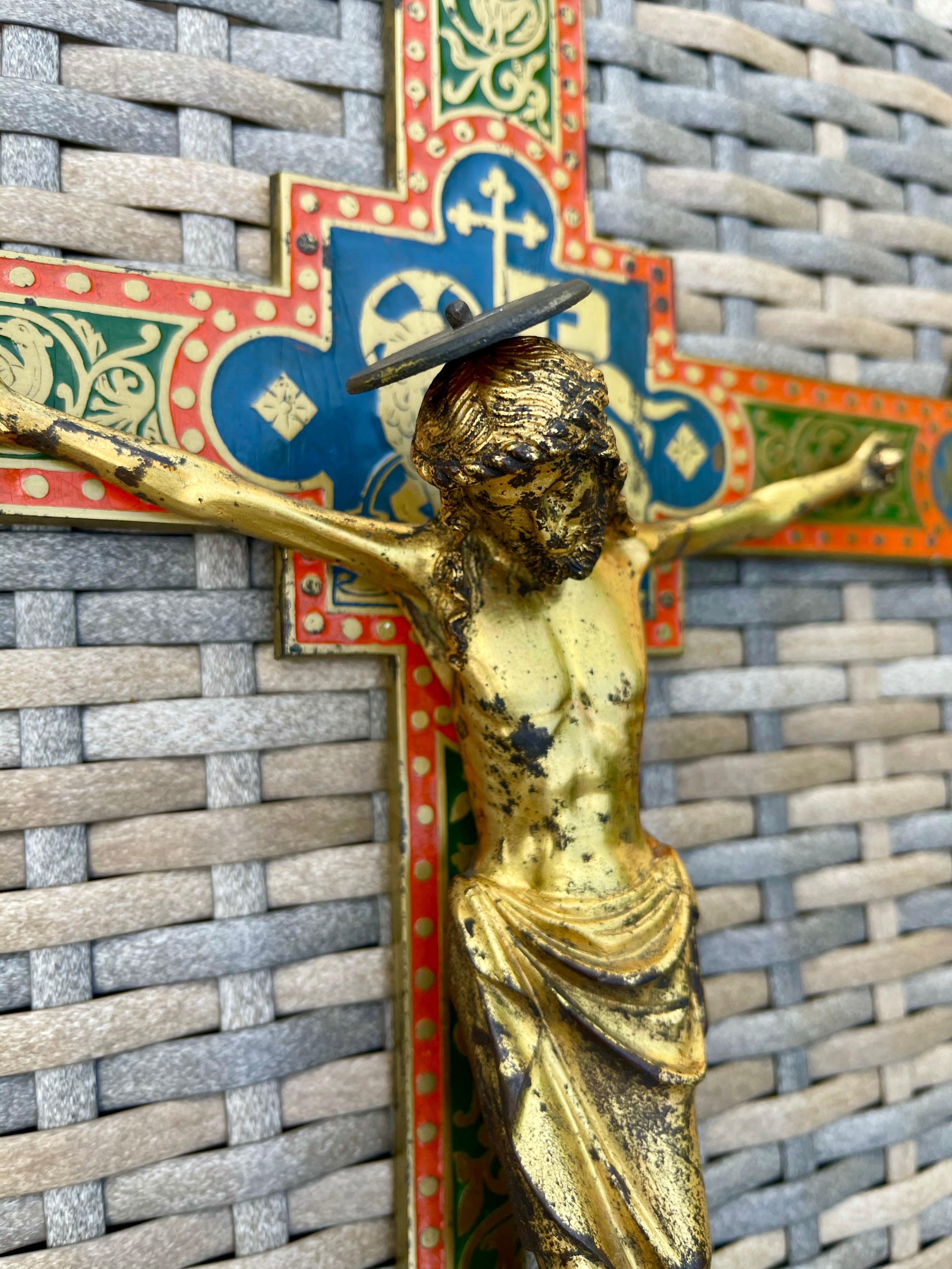 Antique Gothic Revival Crucifix w. Bronze Corpus and Enamelled Sculptured Cross 12