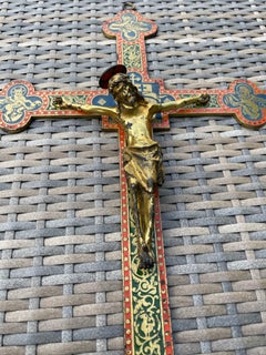 Antique Gothic Revival Crucifix w. Bronze Corpus and Enamelled Sculptured Cross