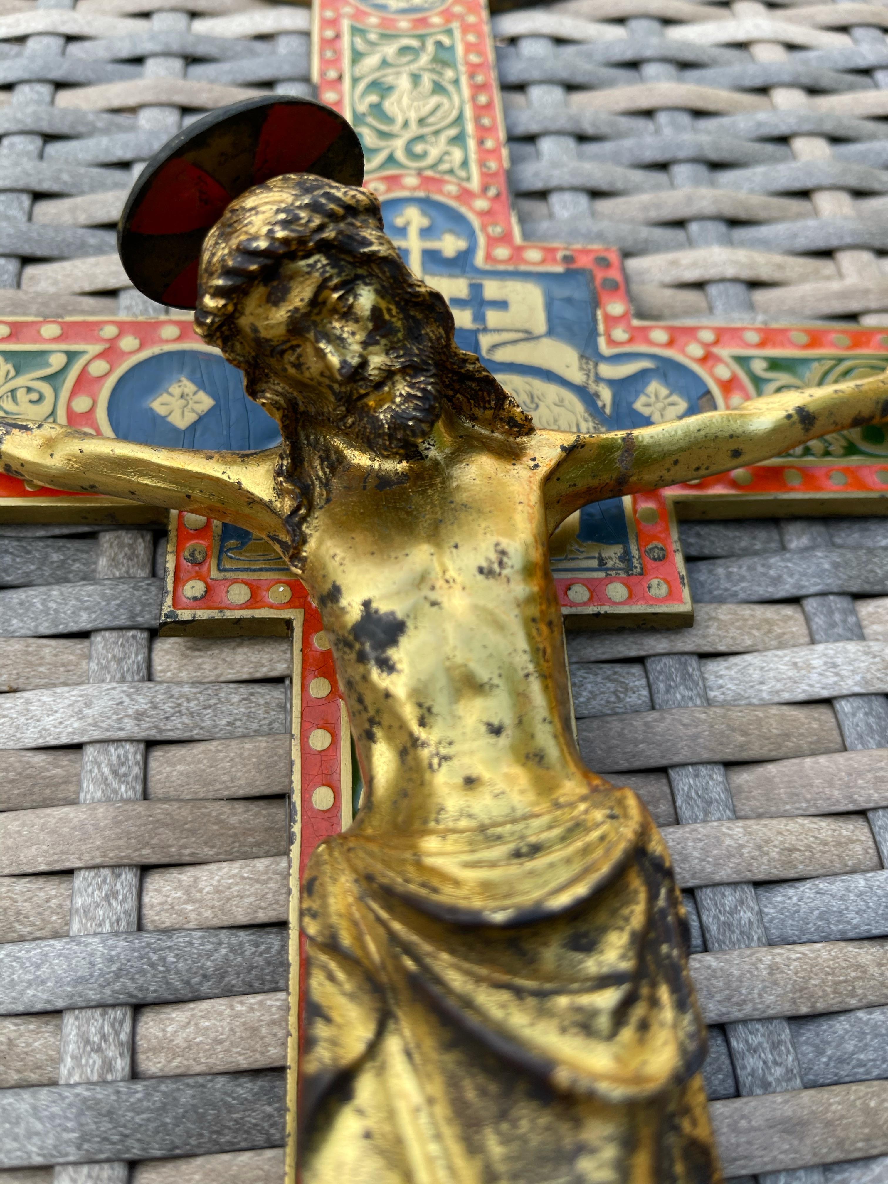 French Antique Gothic Revival Crucifix w. Bronze Corpus and Enamelled Sculptured Cross