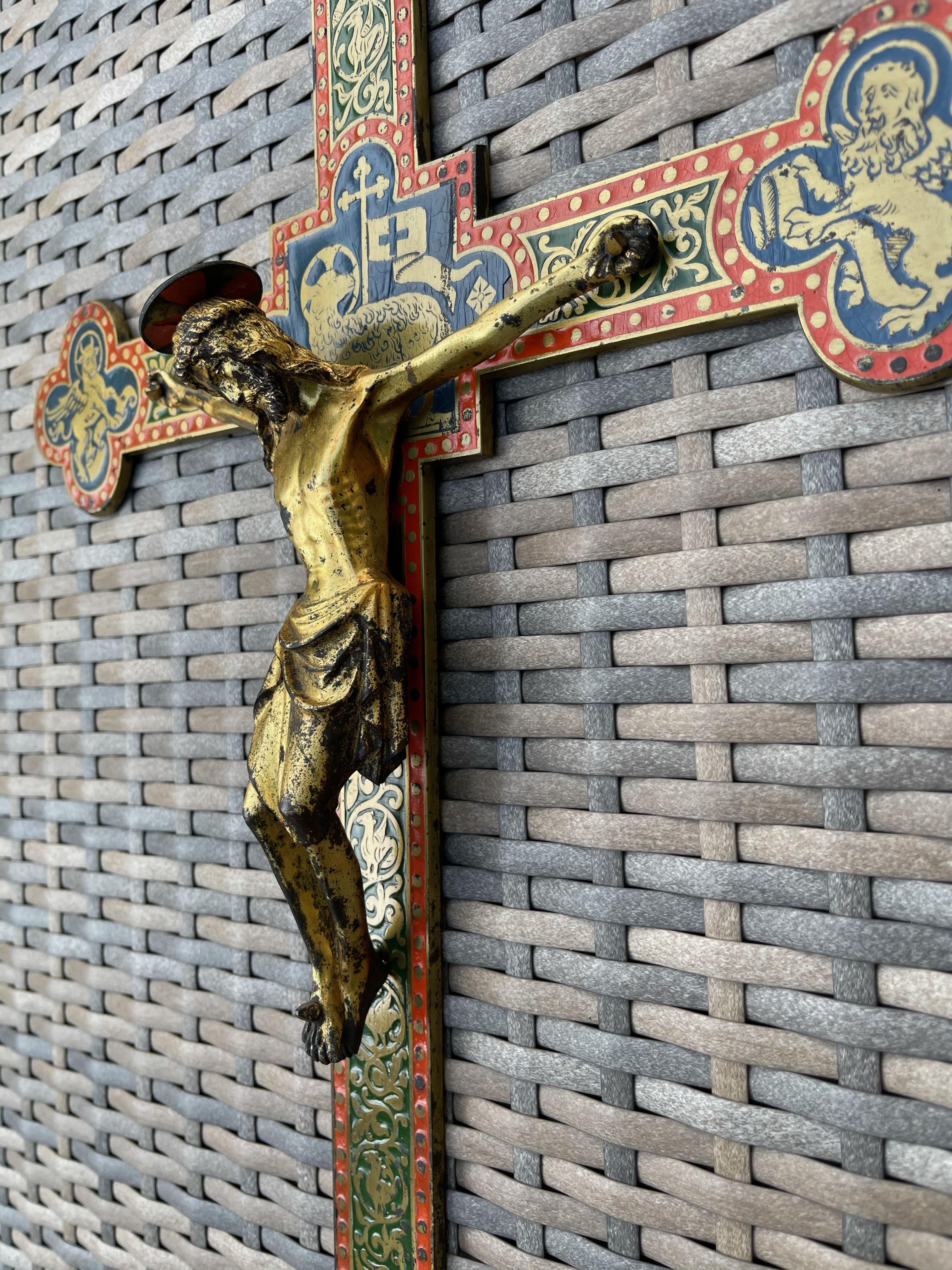 Cast Antique Gothic Revival Crucifix w. Bronze Corpus and Enamelled Sculptured Cross