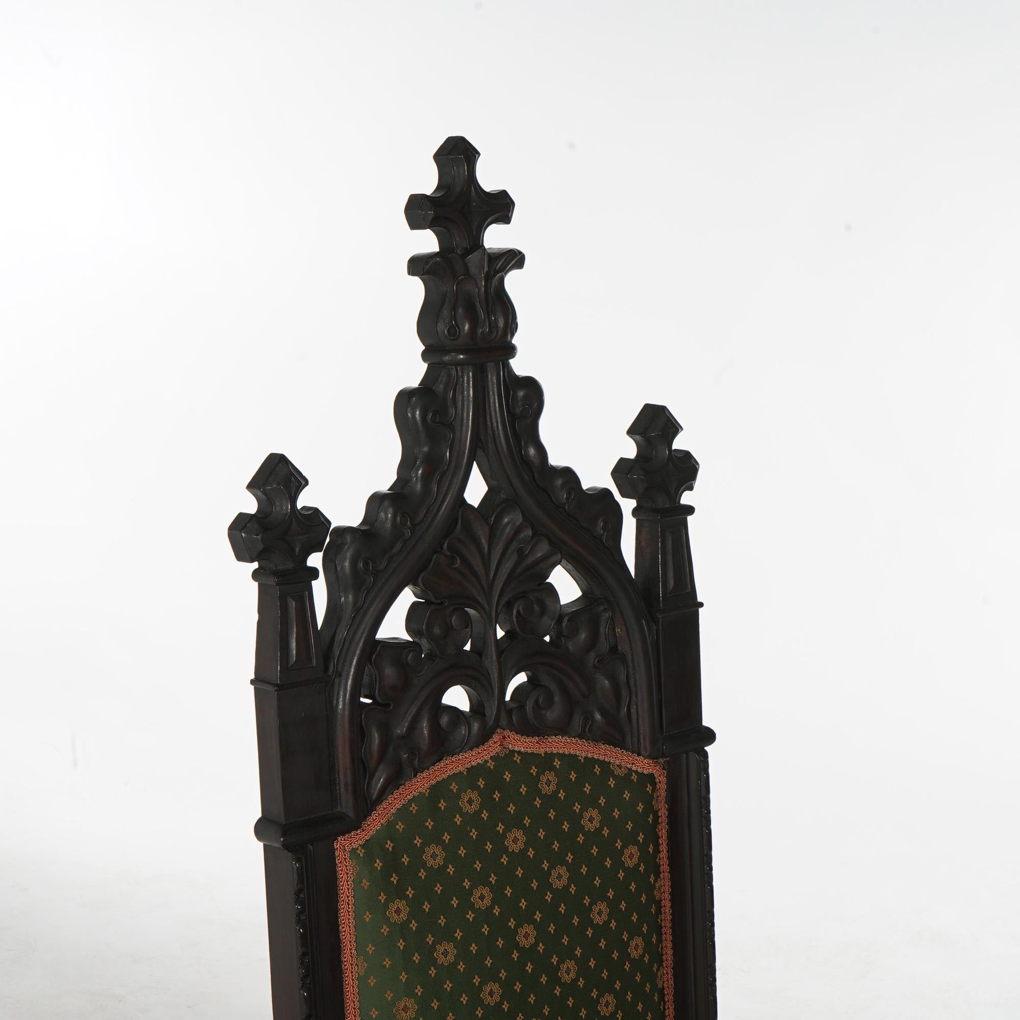 Antique Gothic Revival Ebonized & Carved Walnut Upholstered Throne Chair C1860 4