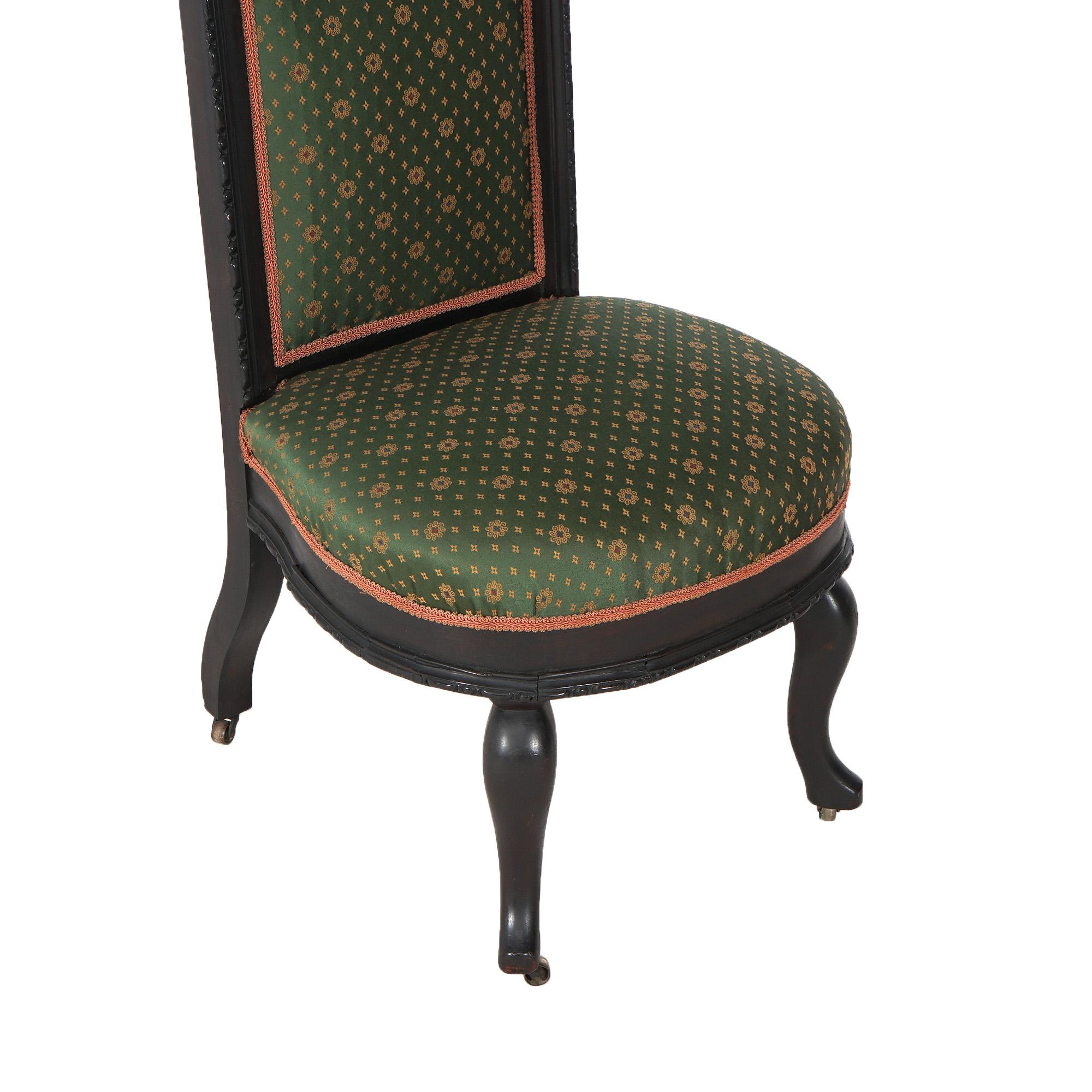 Antique Gothic Revival Ebonized & Carved Walnut Upholstered Throne Chair C1860 5