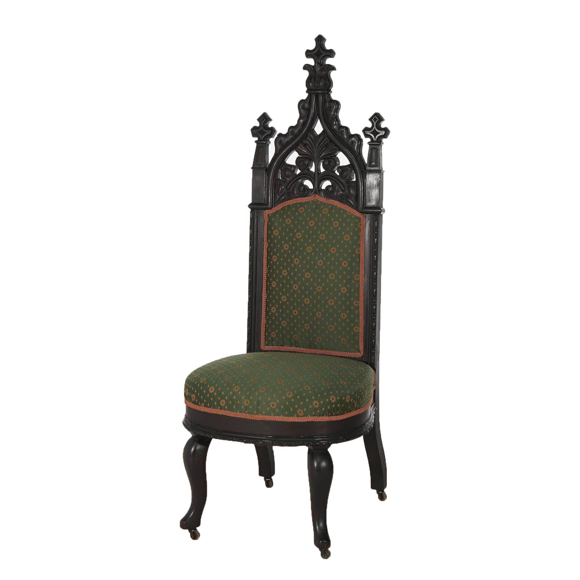 Antique Gothic Revival Ebonized & Carved Walnut Upholstered Throne Chair C1860 In Good Condition For Sale In Big Flats, NY
