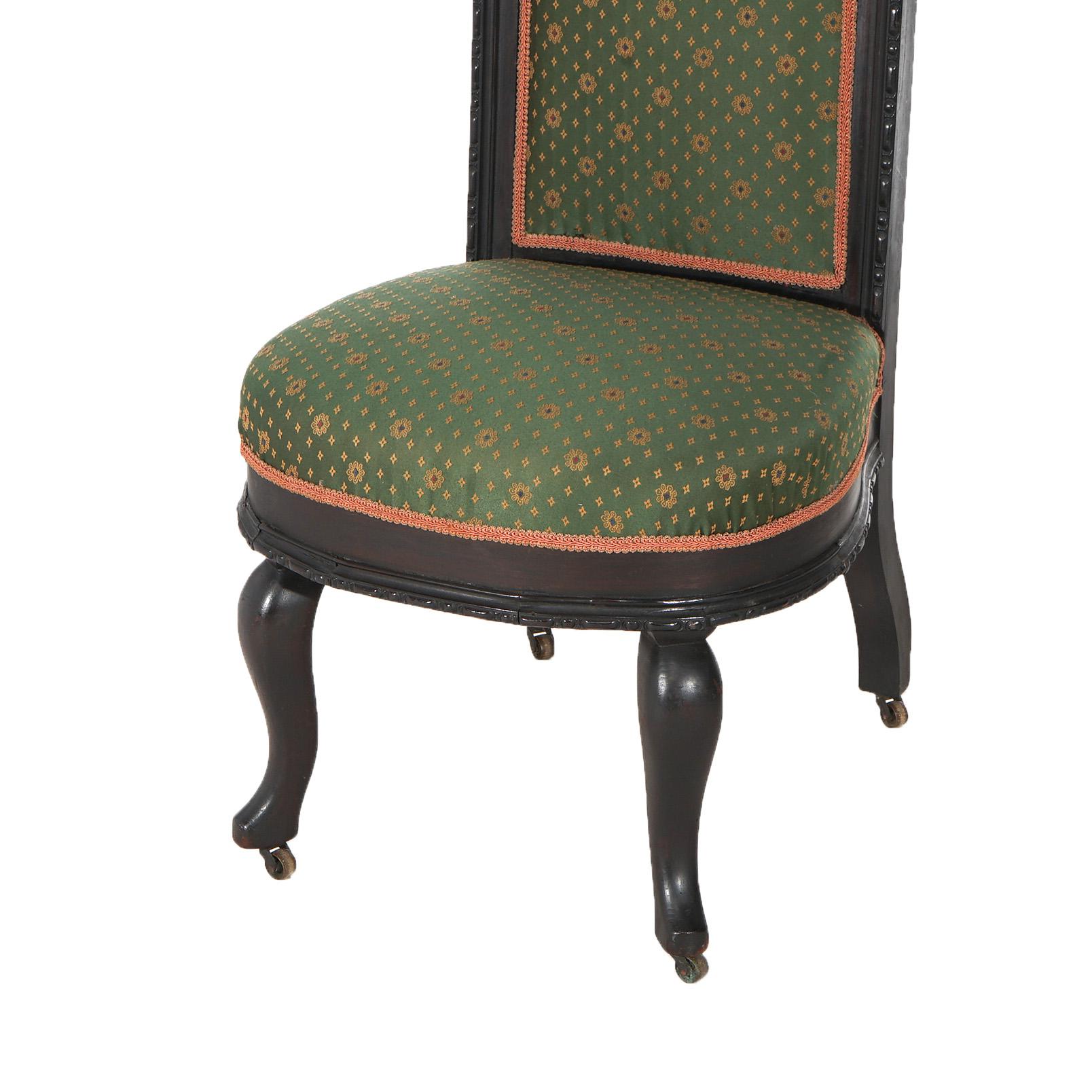Antique Gothic Revival Ebonized & Carved Walnut Upholstered Throne Chair C1860 In Good Condition In Big Flats, NY