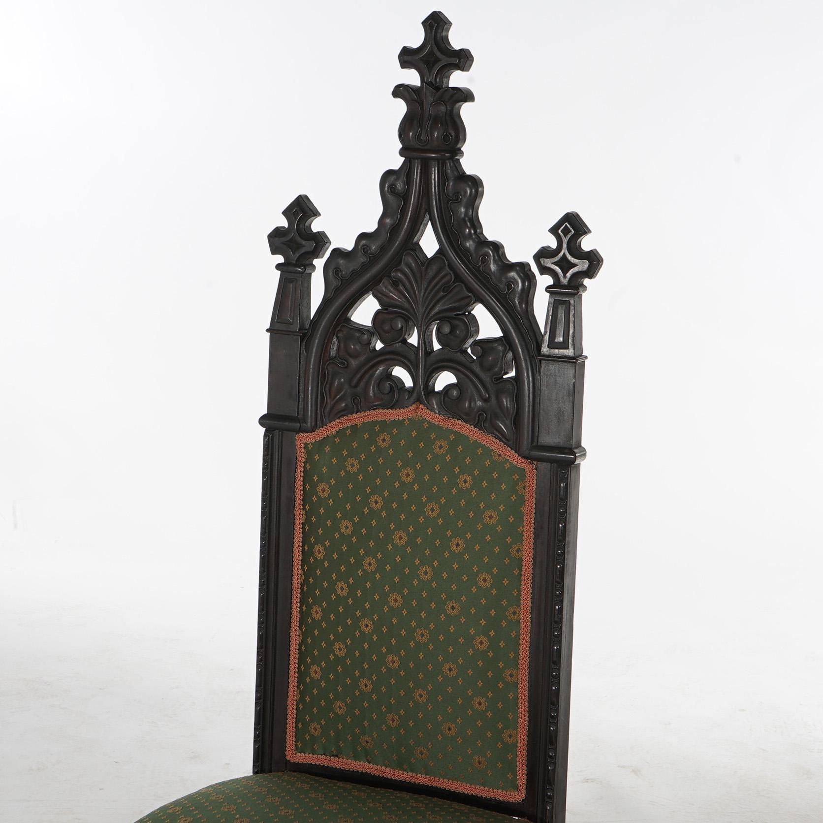 Upholstery Antique Gothic Revival Ebonized & Carved Walnut Upholstered Throne Chair C1860 For Sale