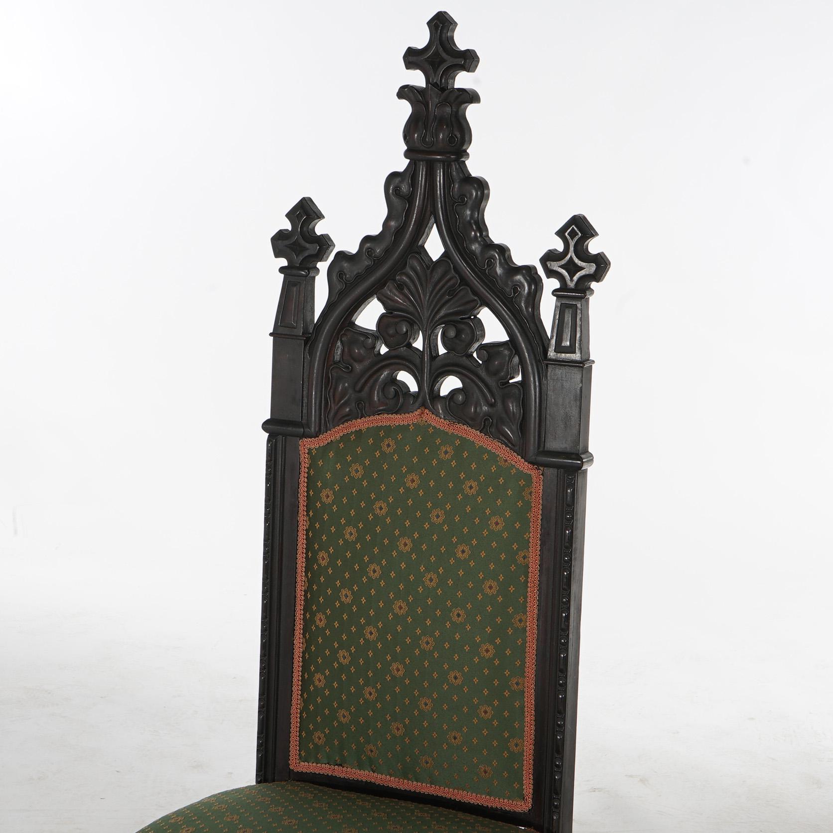 19th Century Antique Gothic Revival Ebonized & Carved Walnut Upholstered Throne Chair C1860