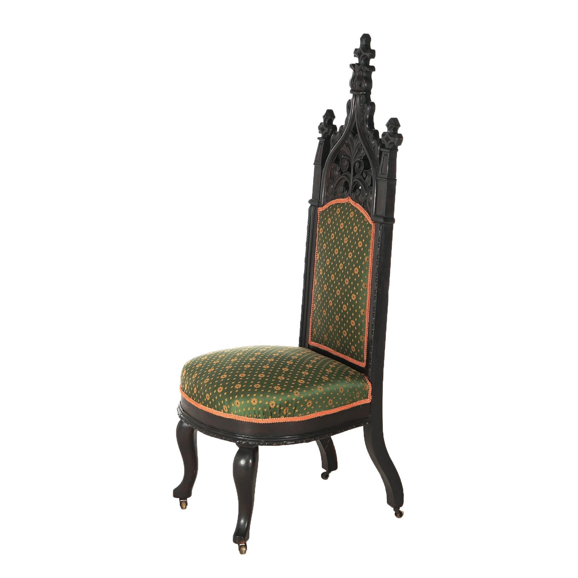 Upholstery Antique Gothic Revival Ebonized & Carved Walnut Upholstered Throne Chair C1860