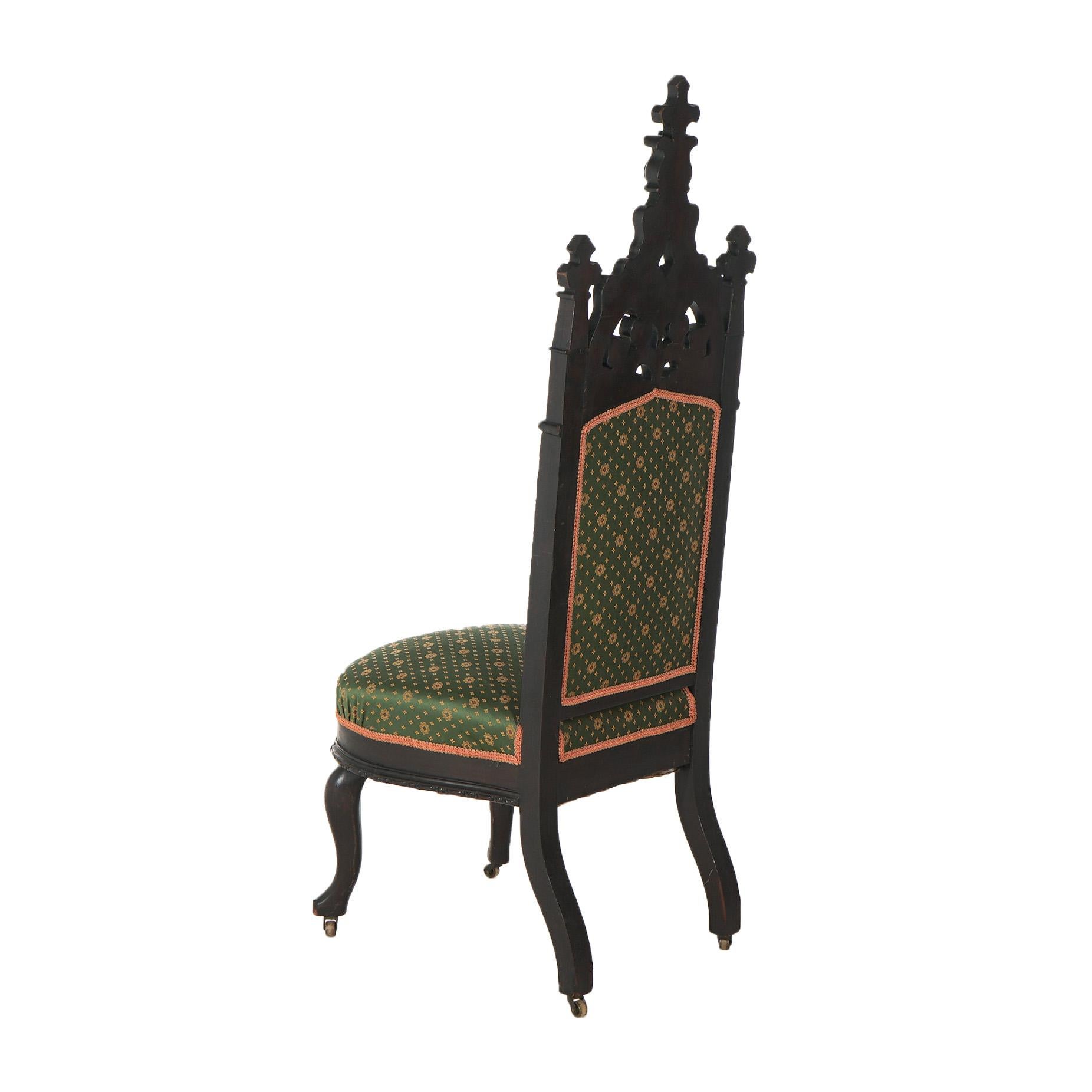 Antique Gothic Revival Ebonized & Carved Walnut Upholstered Throne Chair C1860 1