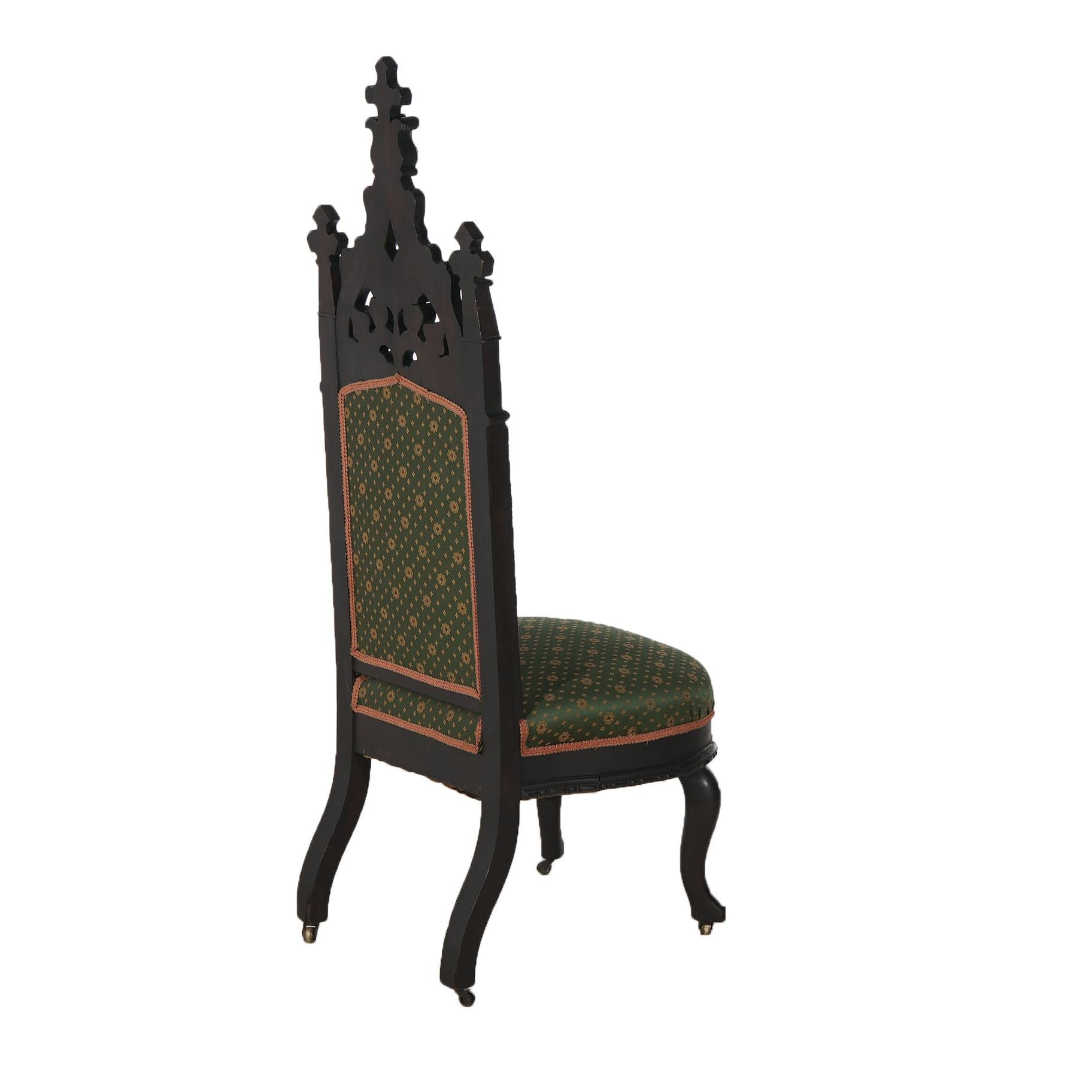 Antique Gothic Revival Ebonized & Carved Walnut Upholstered Throne Chair C1860 2