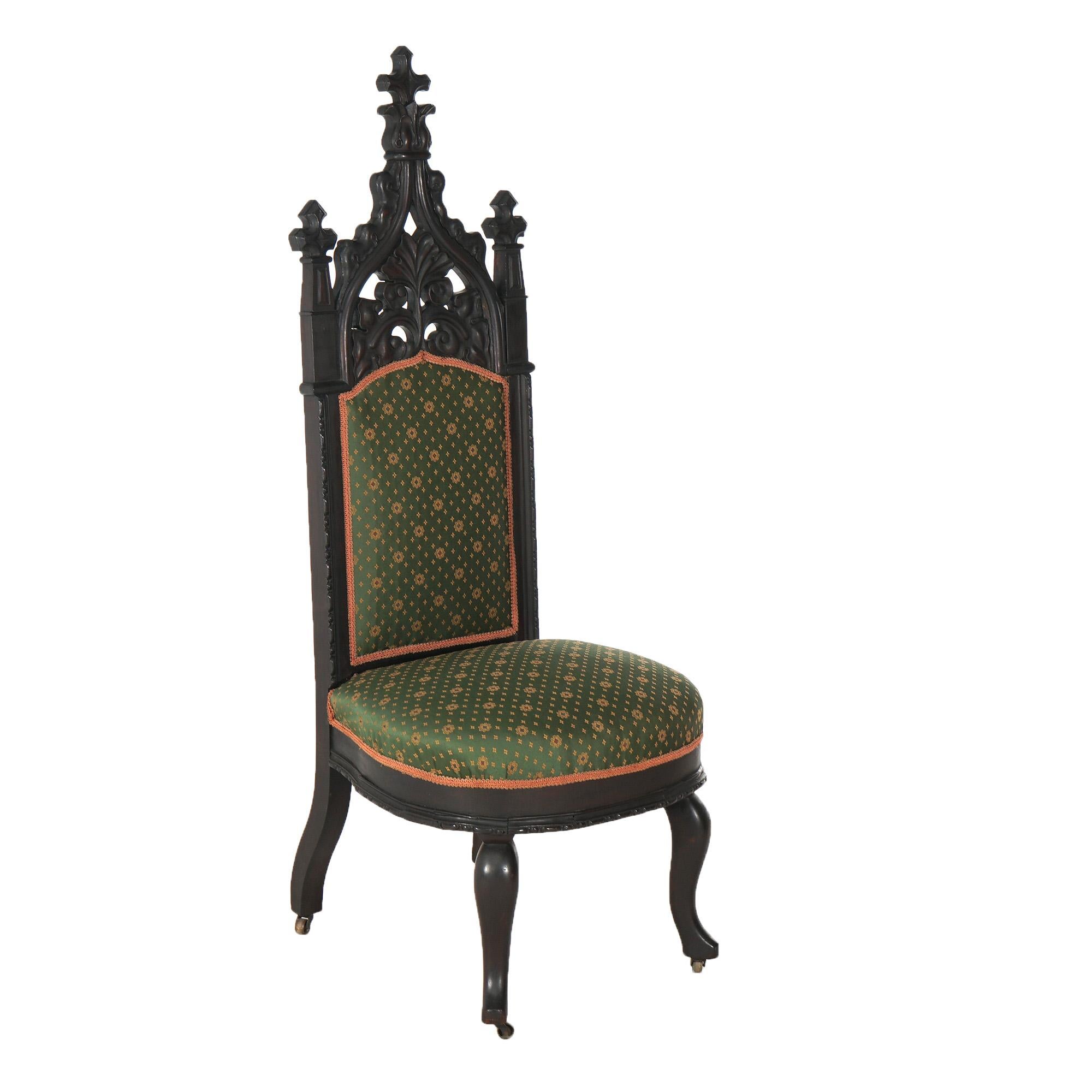 Antique Gothic Revival Ebonized & Carved Walnut Upholstered Throne Chair C1860 3