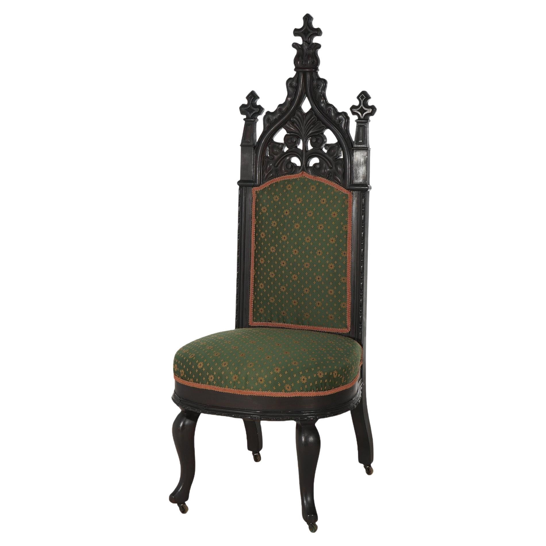 Antique Gothic Revival Ebonized & Carved Walnut Upholstered Throne Chair C1860 For Sale