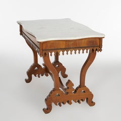 Ancienne table de salon néo-gothique à tréteaux en acajou flamboyant et marbre, vers 1870