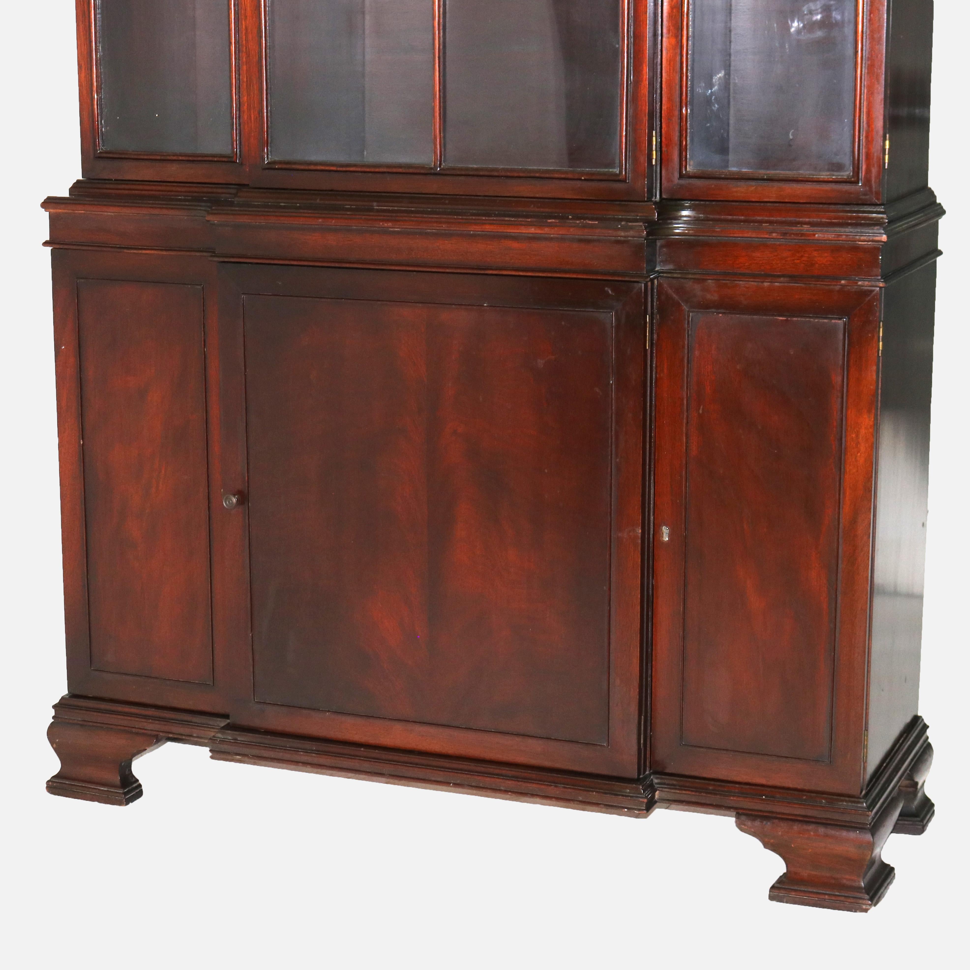 Verre Antique Revival Flame Mahogany Step Back China Cabinet C1930 en vente