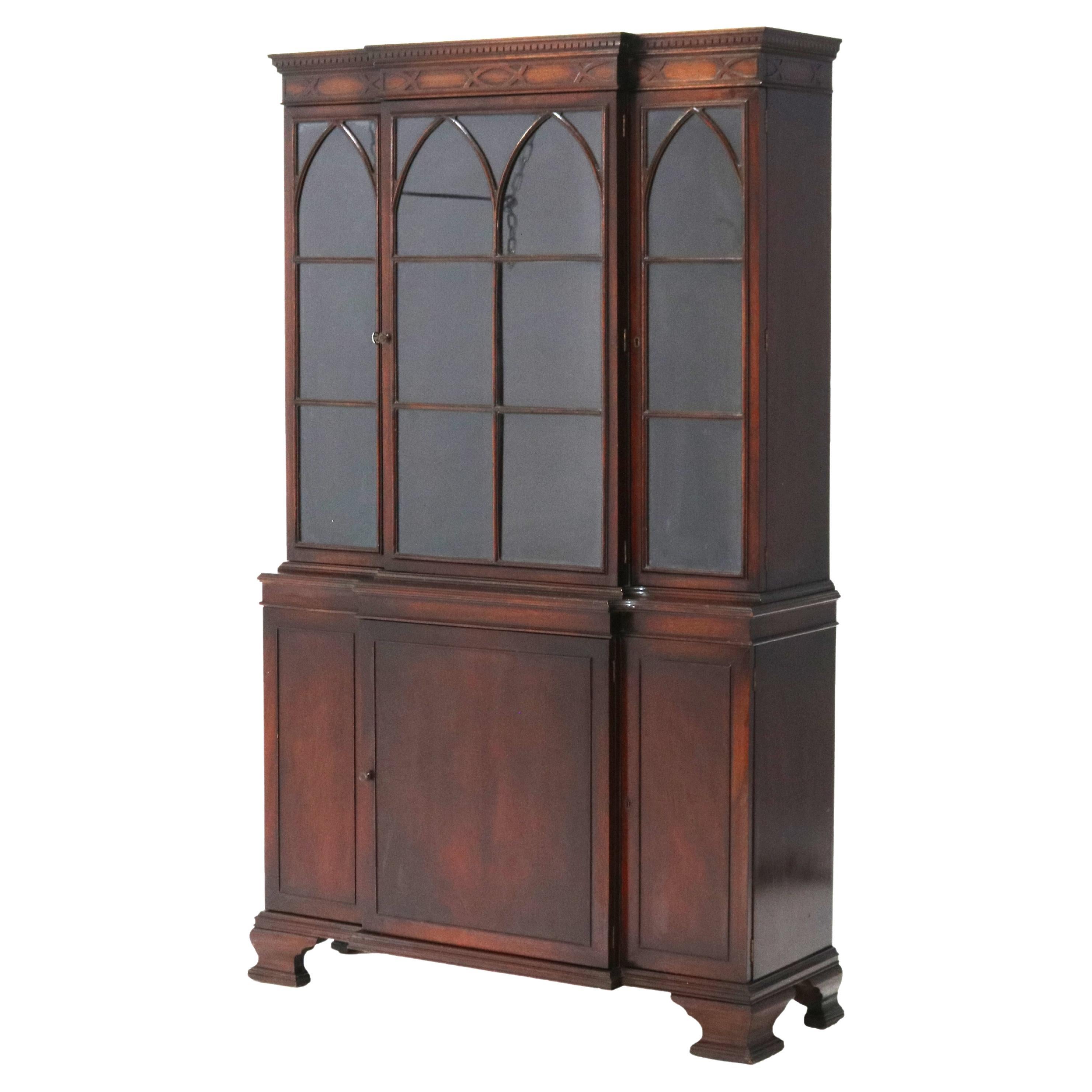 Antique Gothic Revival Flame Mahogany Step Back China Cabinet C1930
