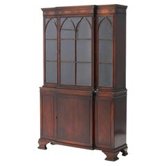 Antique Gothic Revival Flame Mahogany Step Back China Cabinet C1930
