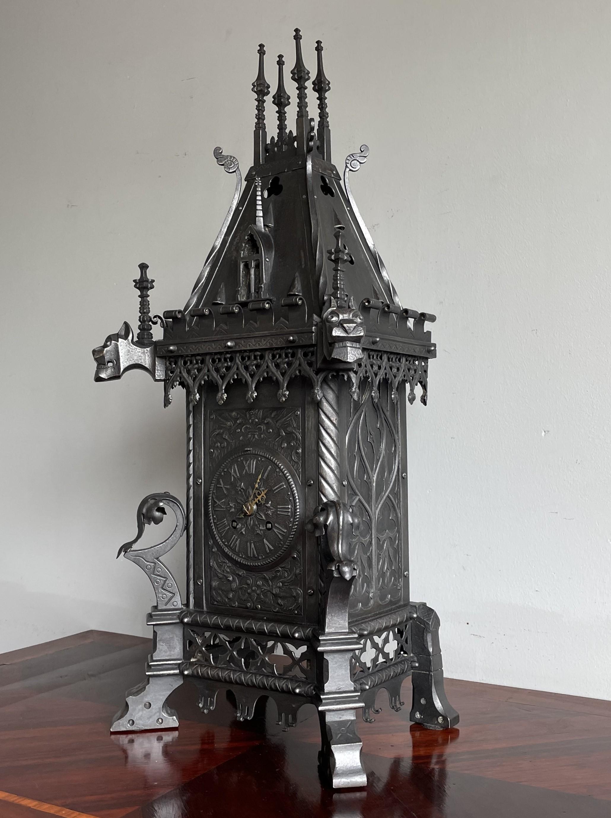 Antique Gothic Revival Forged Wrought & Cast Iron Table Clock by Samuel Marti 8