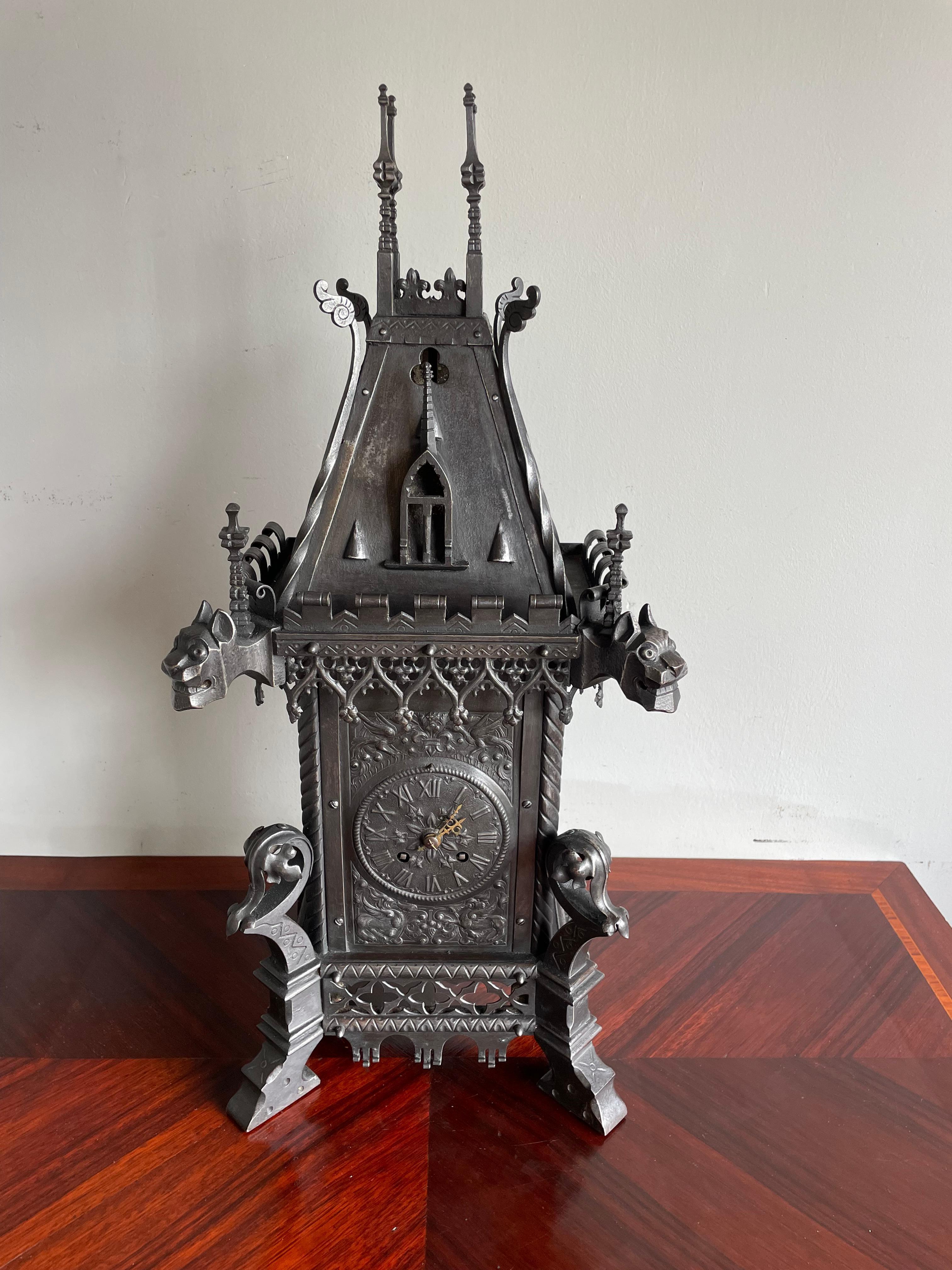 Antique Gothic Revival Forged Wrought & Cast Iron Table Clock by Samuel Marti 11