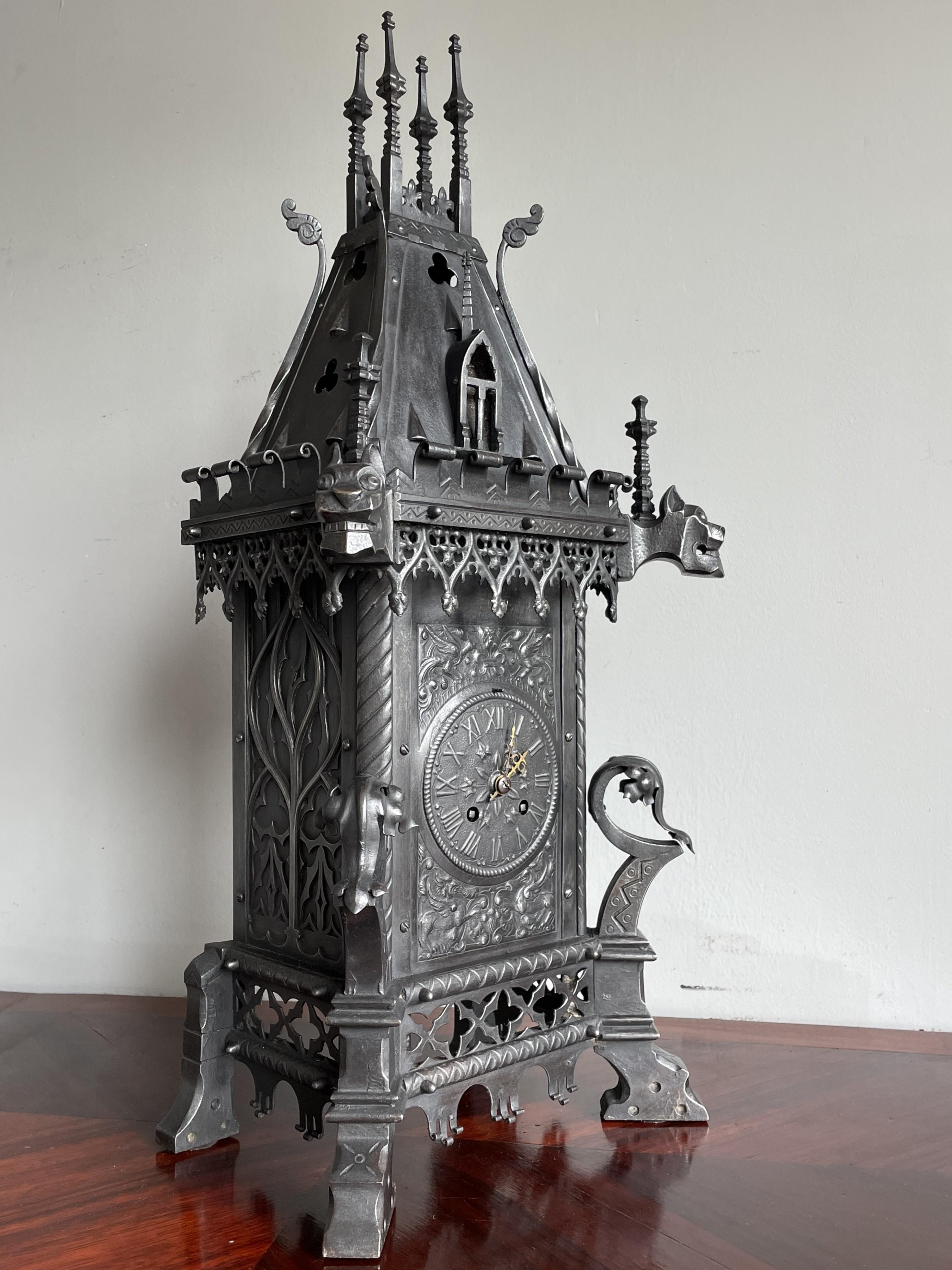 Antique Gothic Revival Forged Wrought & Cast Iron Table Clock by Samuel Marti 12