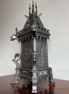Antique Gothic Revival Forged Wrought & Cast Iron Table Clock by Samuel Marti