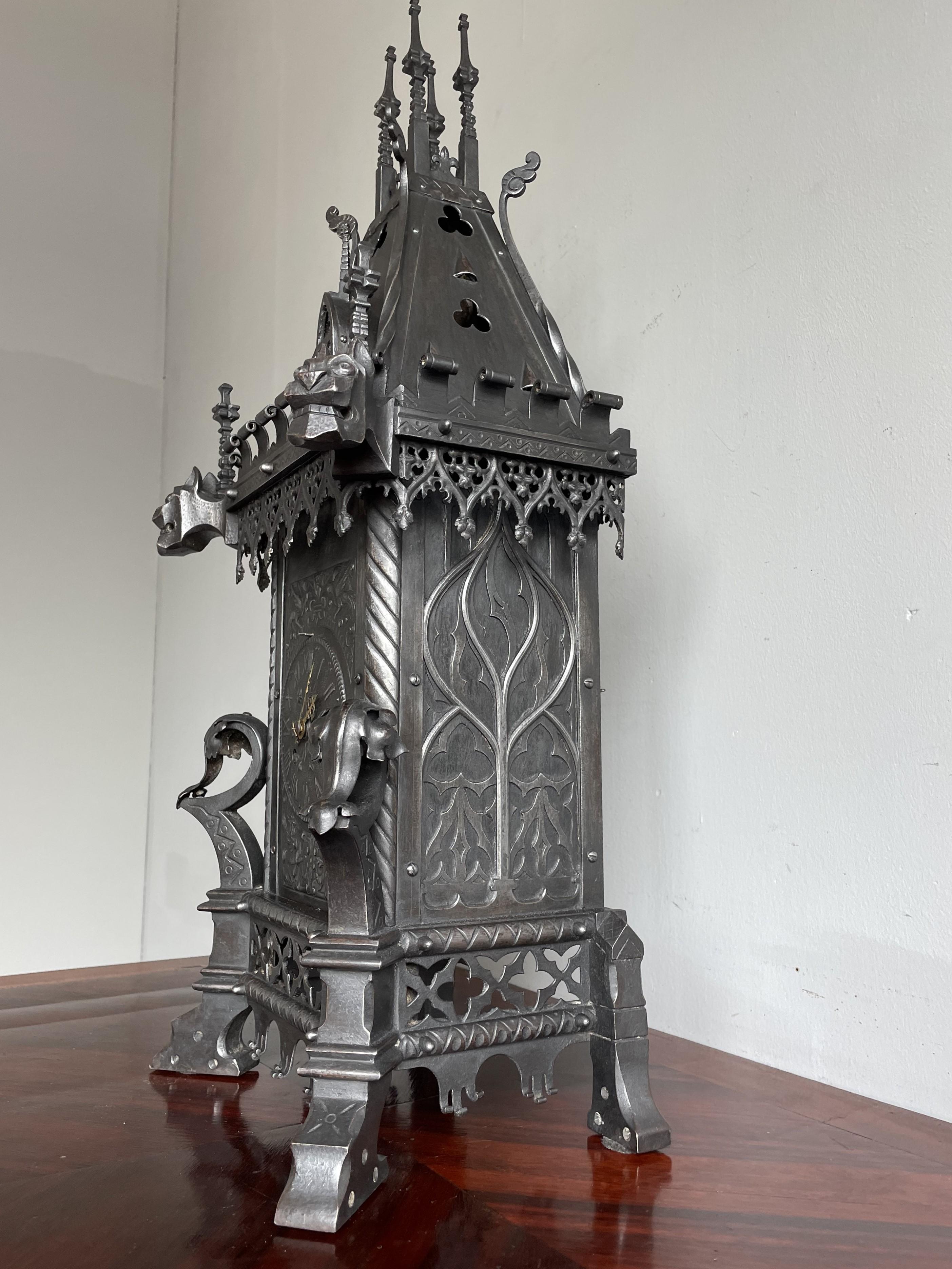 French Antique Gothic Revival Forged Wrought & Cast Iron Table Clock by Samuel Marti