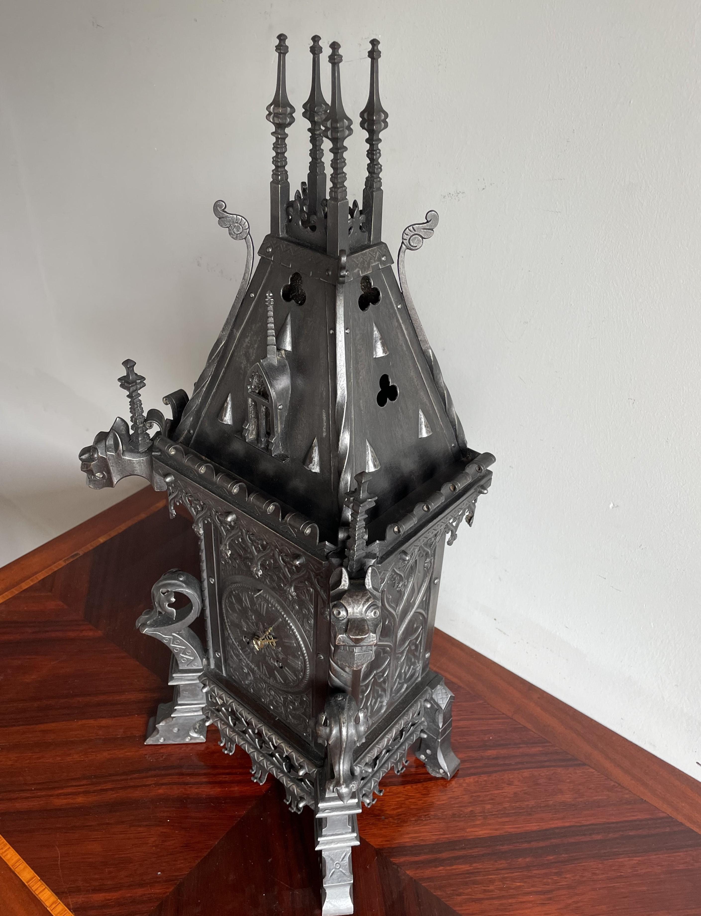 Blackened Antique Gothic Revival Forged Wrought & Cast Iron Table Clock by Samuel Marti