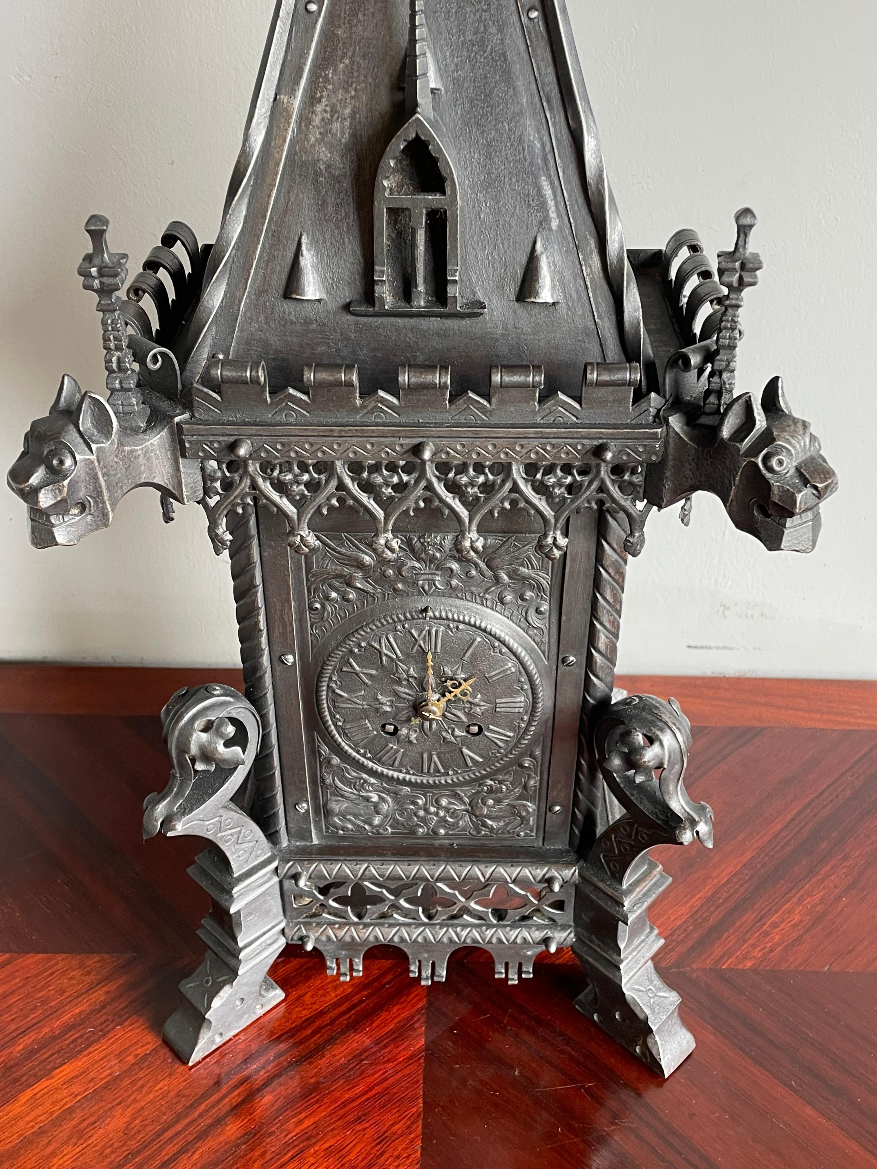 Antique Gothic Revival Forged Wrought & Cast Iron Table Clock by Samuel Marti In Excellent Condition In Lisse, NL
