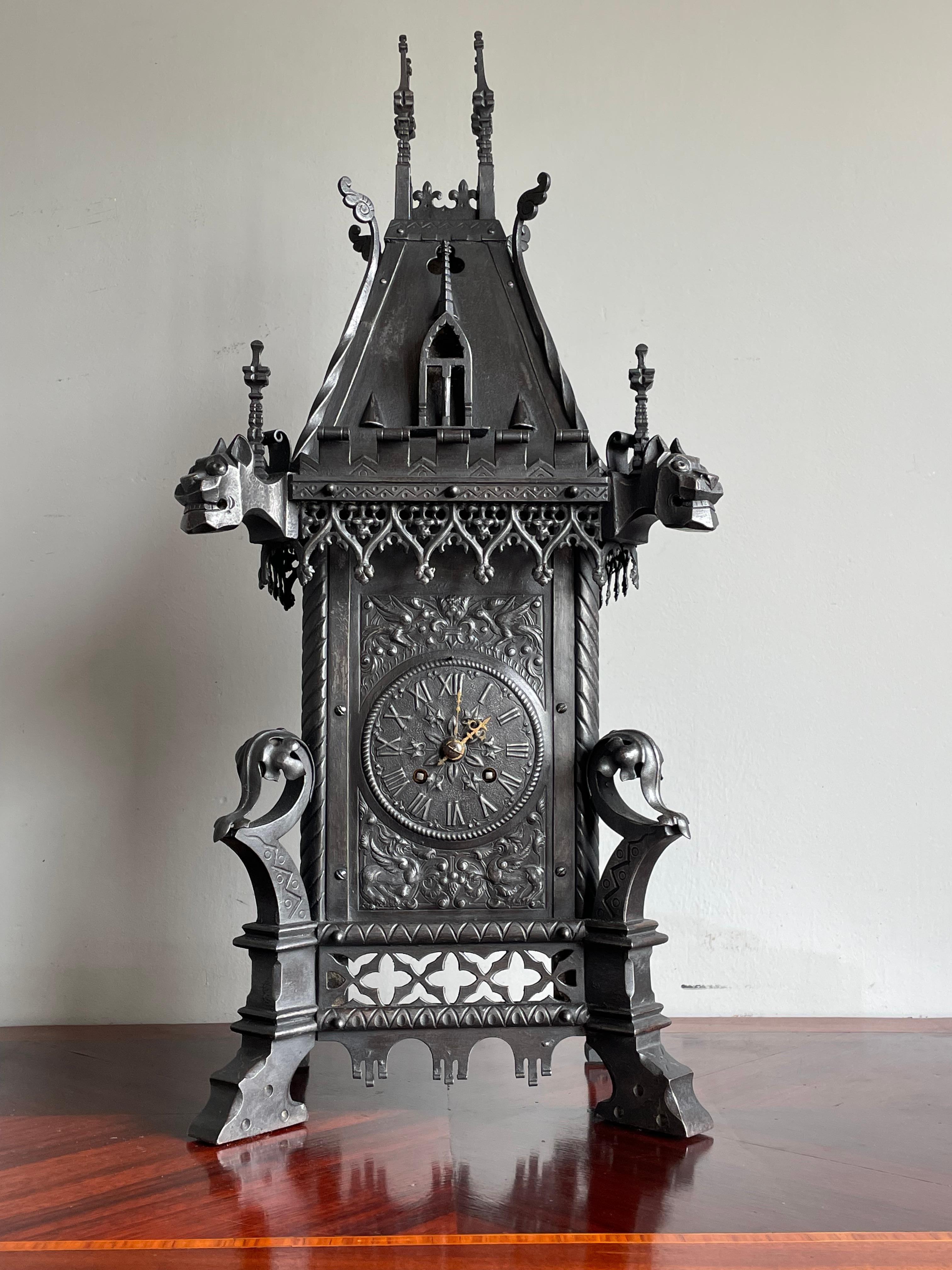 20th Century Antique Gothic Revival Forged Wrought & Cast Iron Table Clock by Samuel Marti