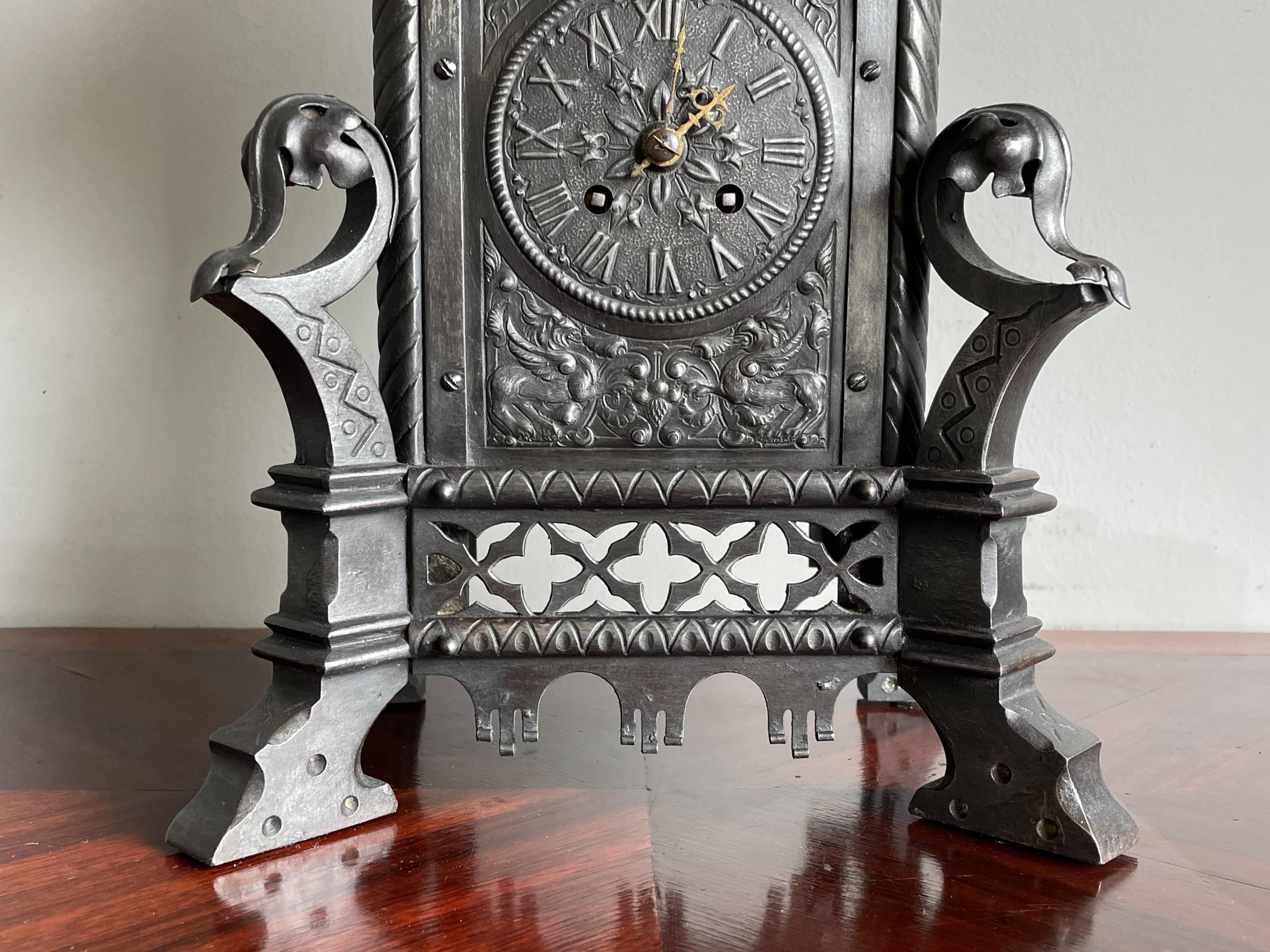 Antique Gothic Revival Forged Wrought & Cast Iron Table Clock by Samuel Marti 1